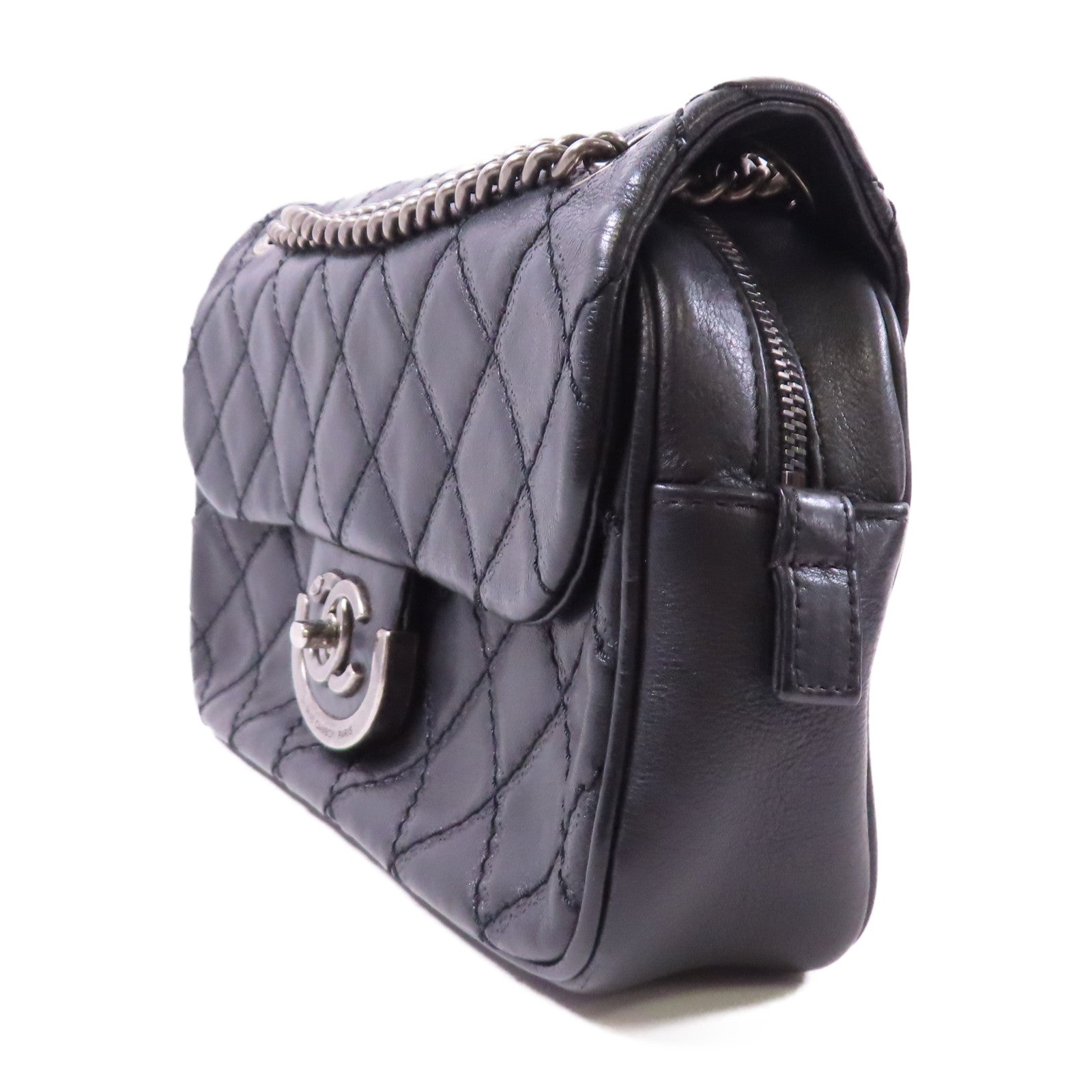 CHANEL 牛皮皮革Chain Shoulder銀扣鏈帶肩背袋黑色
