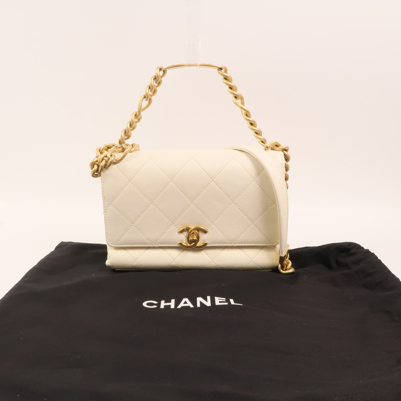CHANEL 牛皮皮革Chain Shoulder金扣鏈帶手挽肩背兩用袋