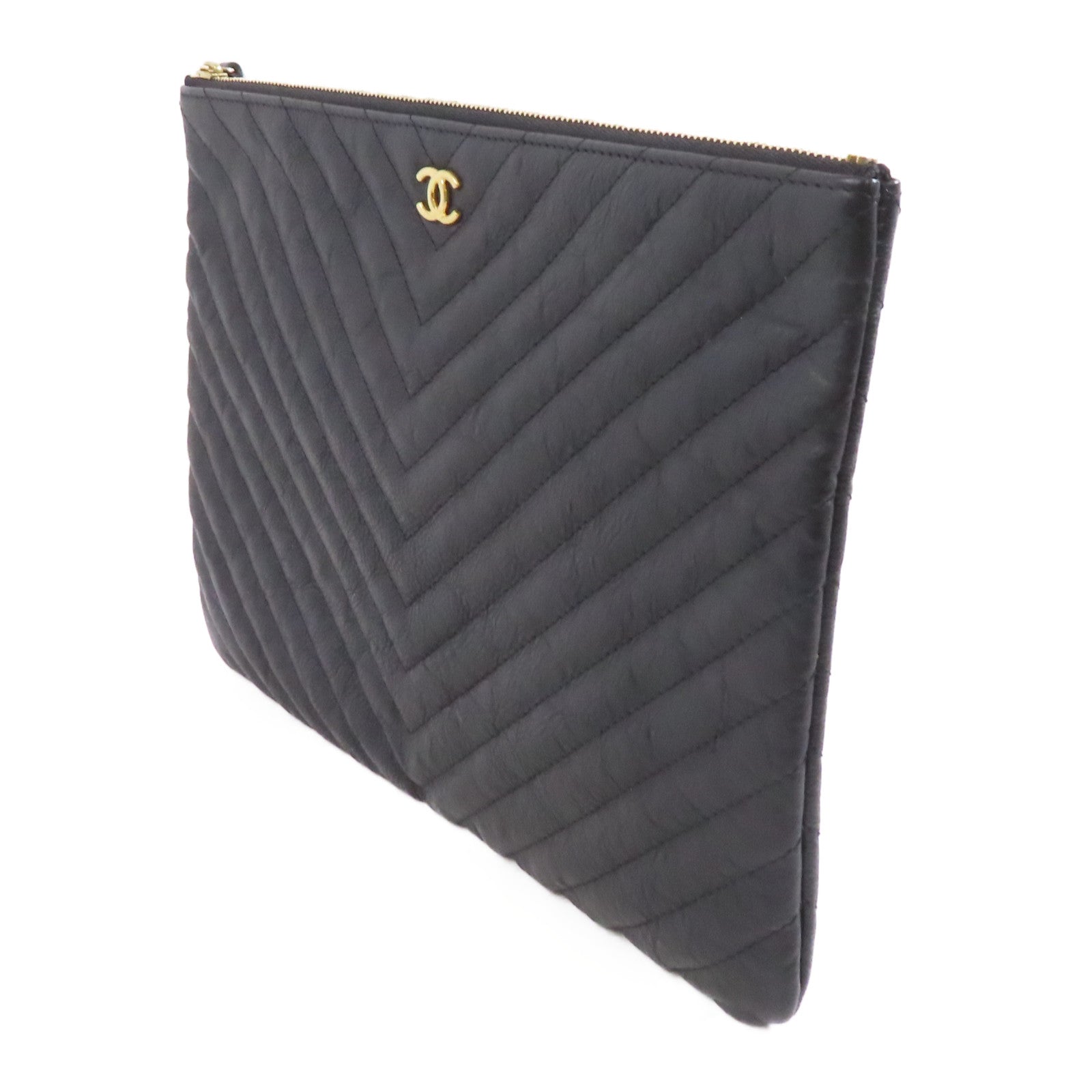 CHANEL 牛皮皮革Pouch/Clutch金扣手拿包黑色