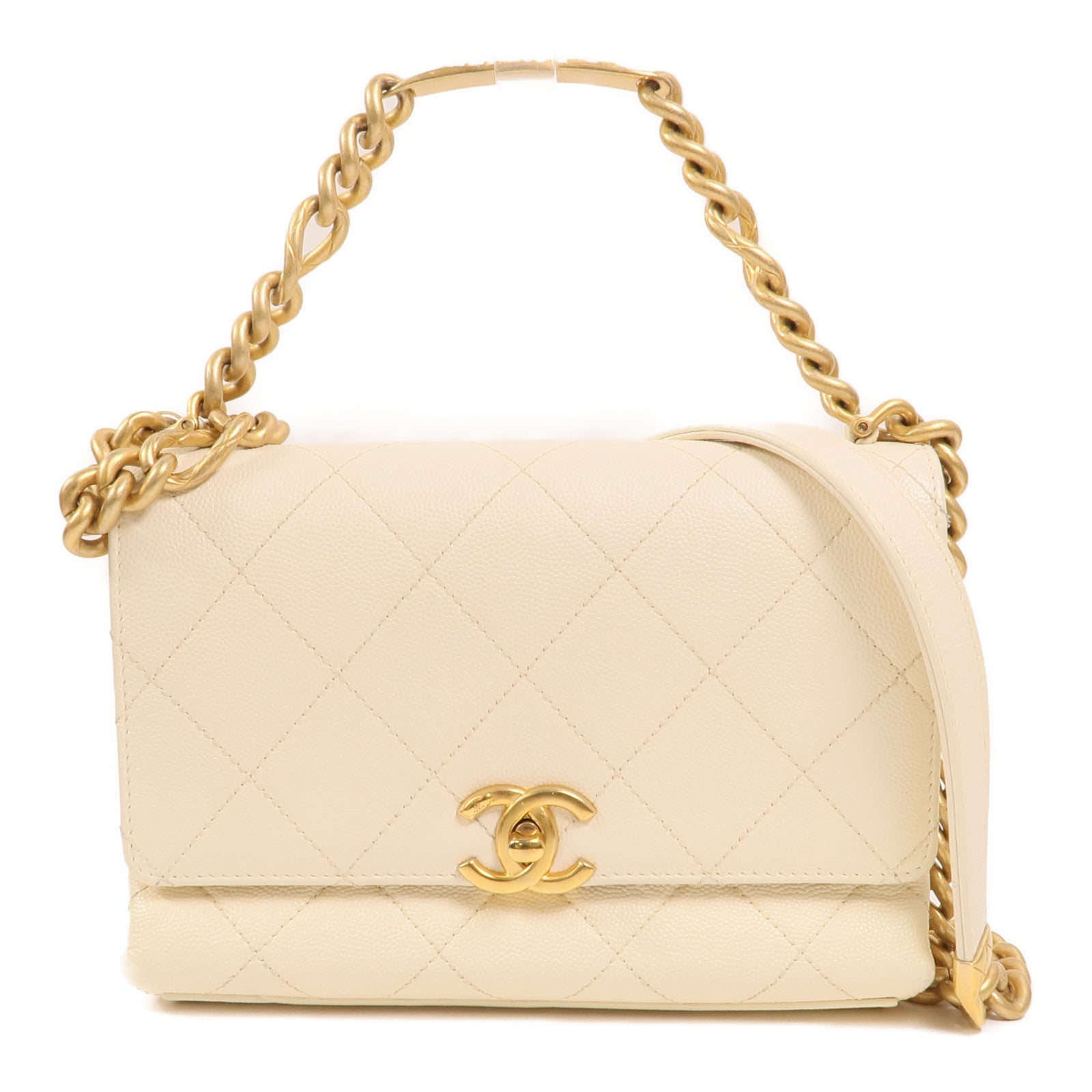 CHANEL 牛皮皮革Chain Shoulder金扣鏈帶手挽肩背兩用袋