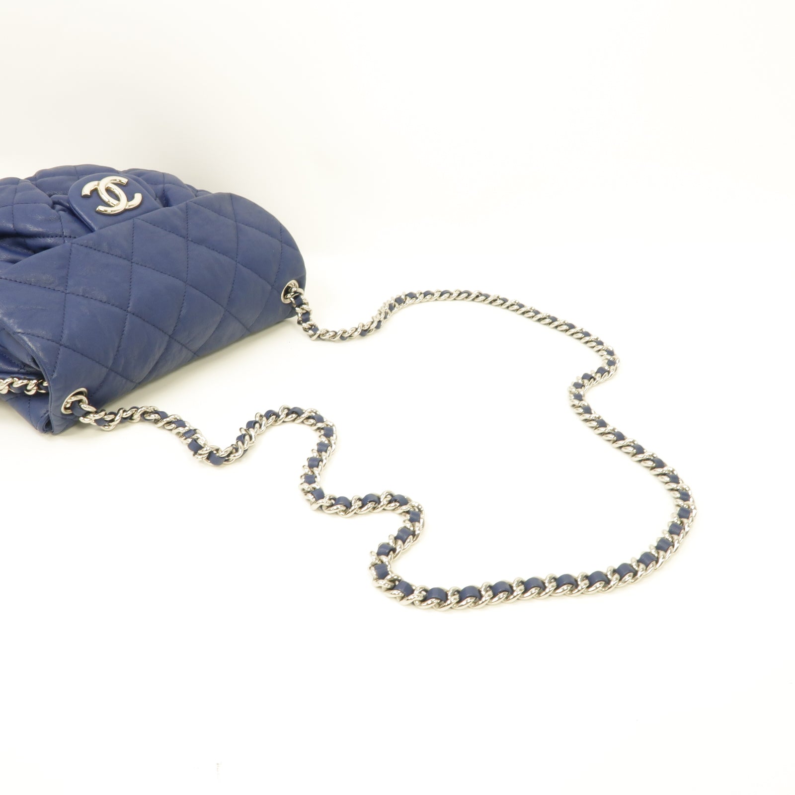 CHANEL 菱格牛皮皮革Chain Shoulder Bag銀扣鏈帶肩背袋藍色