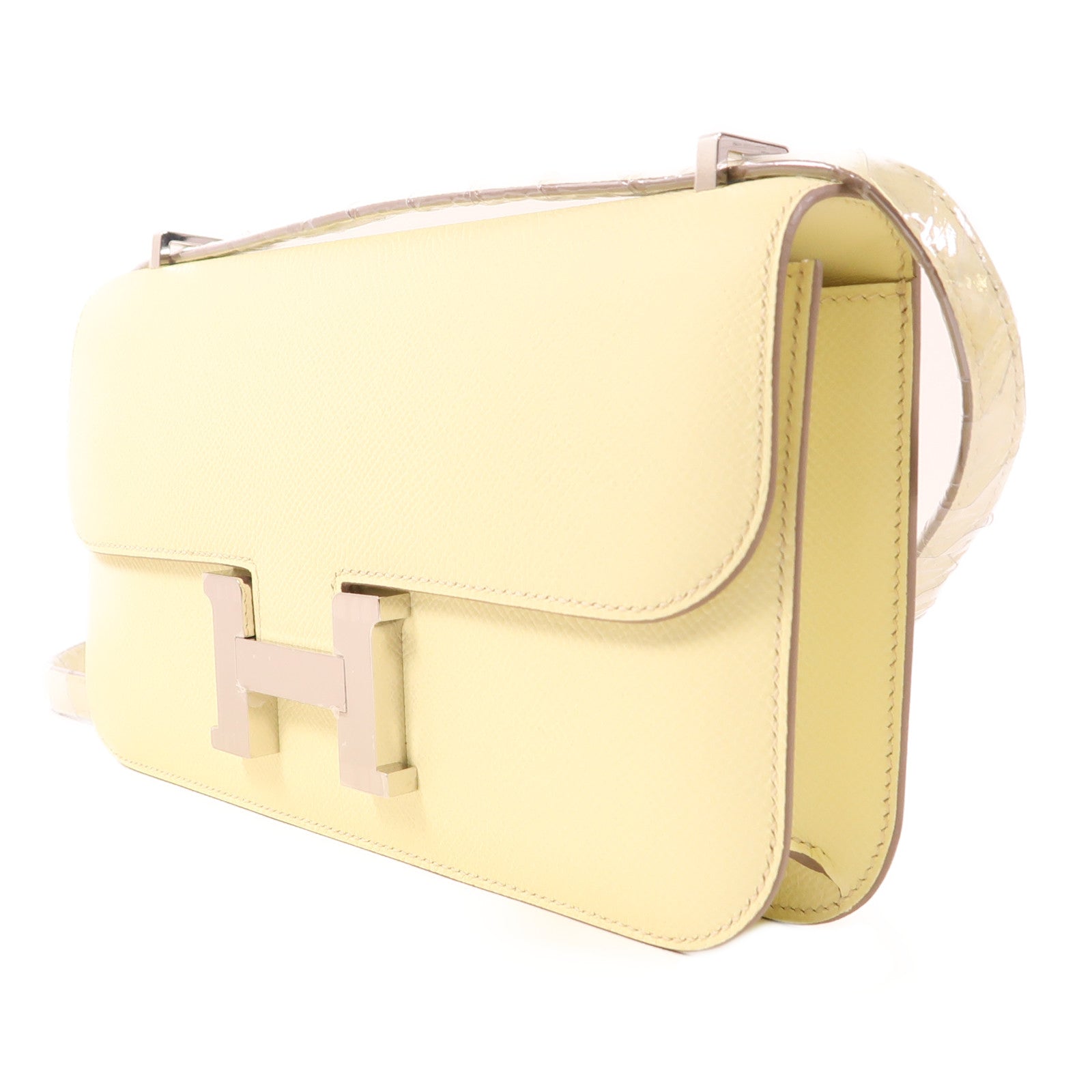 HERMES Epsom皮革Constance Elan銀扣肩背袋Jaune Milton