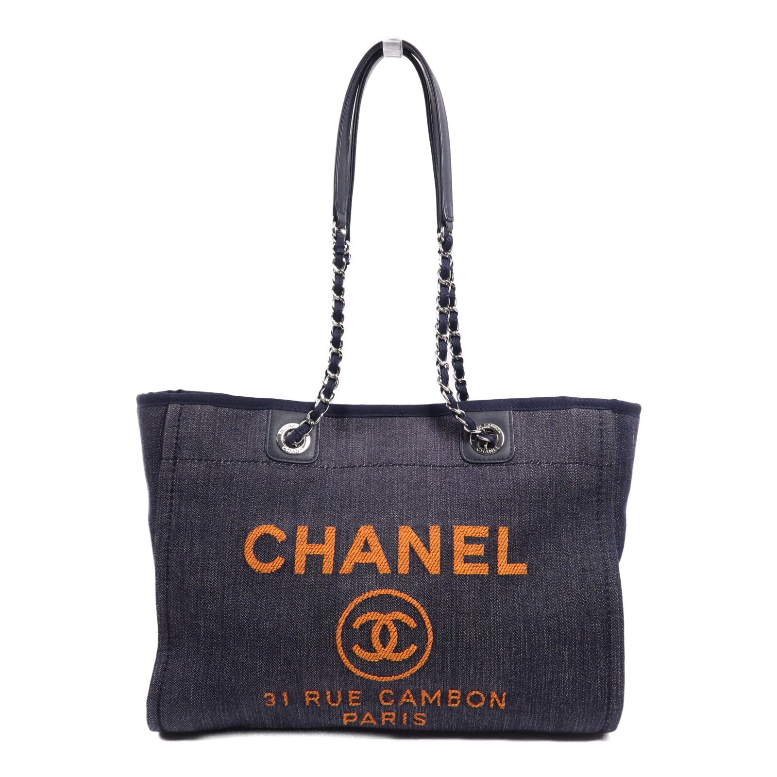 CHANEL 帆布Deauville Tote銀扣肩背袋