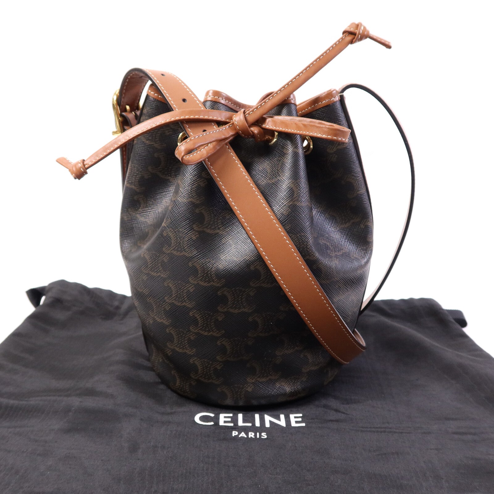 CELINE 塗層帆布Triomphe Drawstring Small bucket金扣肩背袋