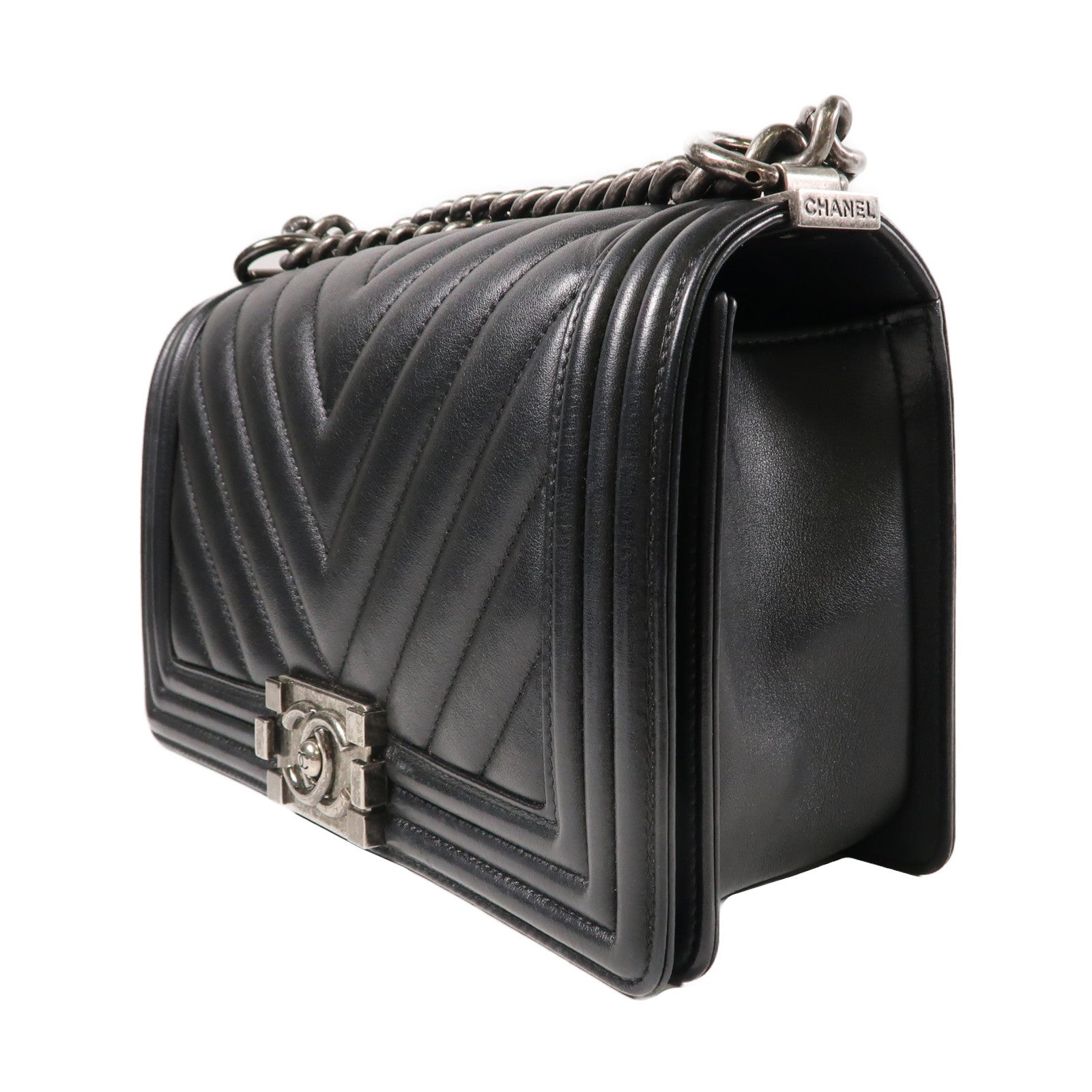 CHANEL 【激減優惠】牛皮皮革Boy Chanel 25銀扣鏈帶肩背袋黑色