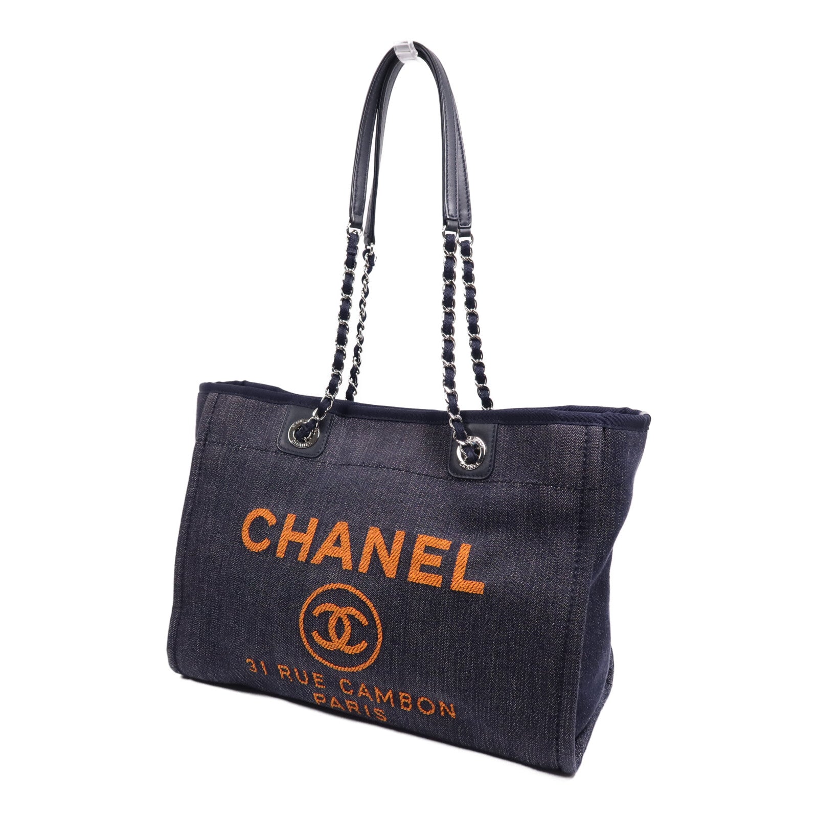 CHANEL 帆布Deauville Tote銀扣肩背袋