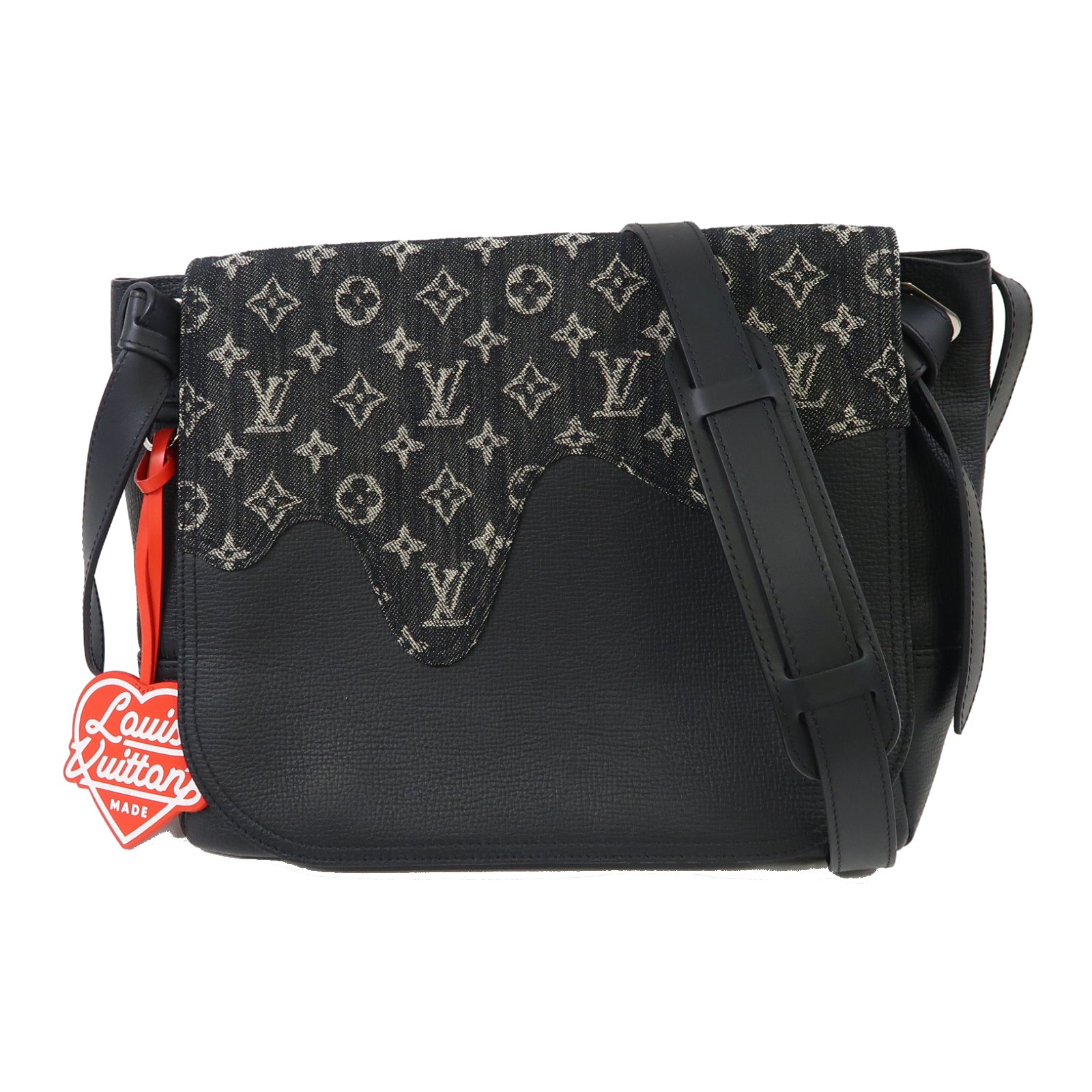 LOUIS VUITTON Monogram Denim/牛皮皮革Besace Tokyo銀扣肩背袋黑色