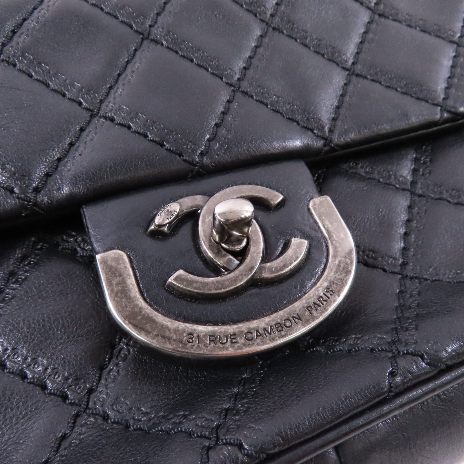 CHANEL 牛皮皮革Chain Shoulder銀扣鏈帶肩背袋黑色