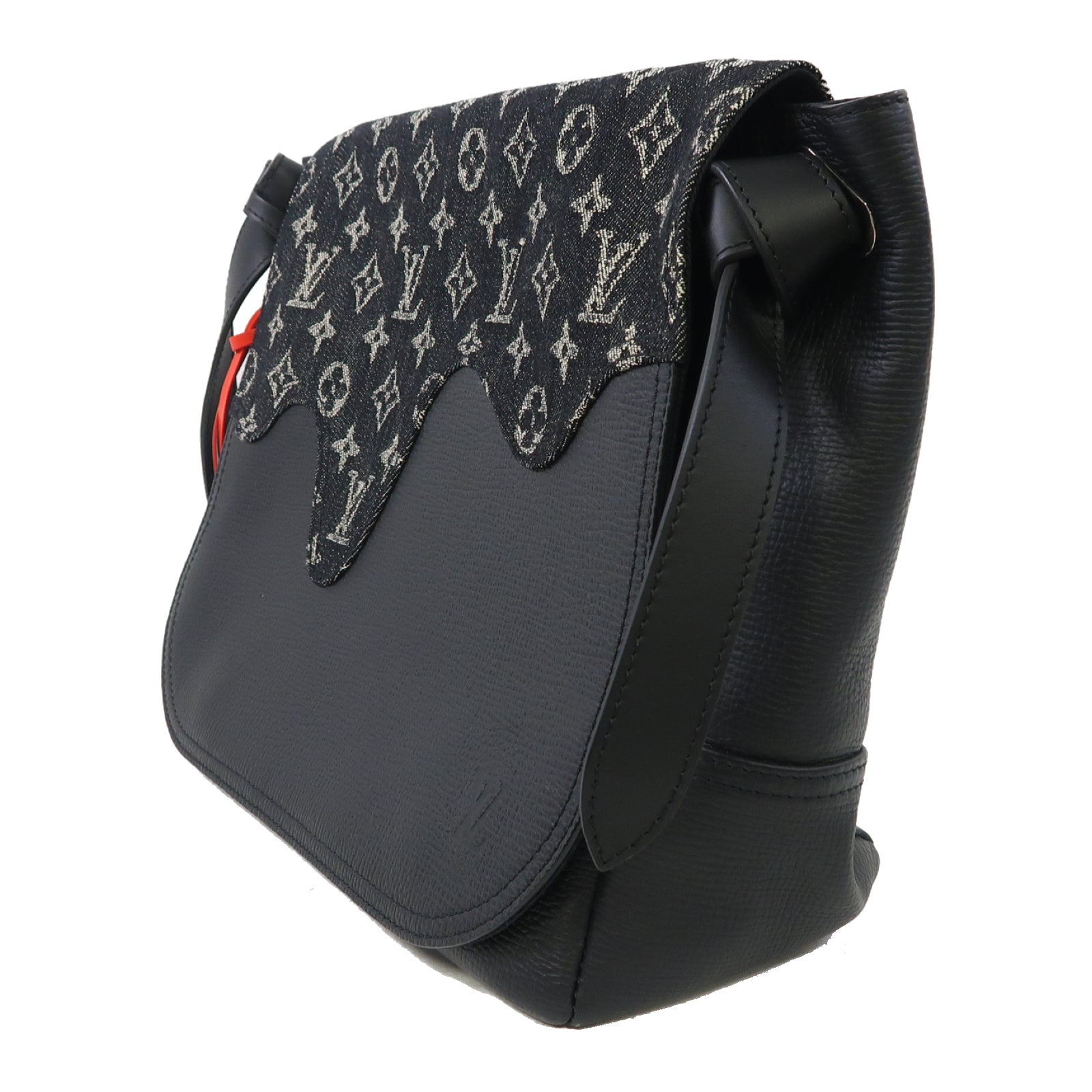 LOUIS VUITTON Monogram Denim/牛皮皮革Besace Tokyo銀扣肩背袋黑色