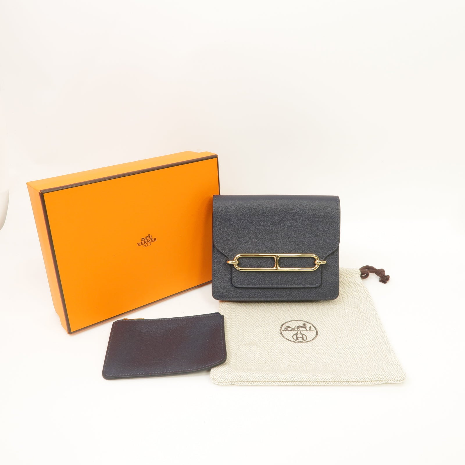 HERMES 【激減優惠】Evercolor皮革Rouls Slim金扣錢包深藍色