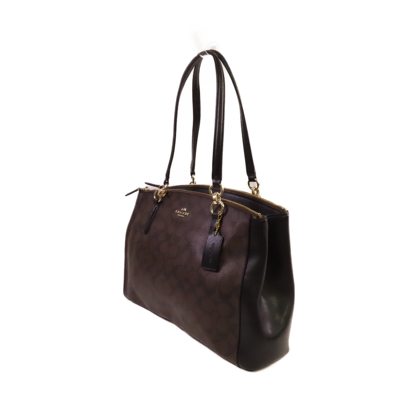 COACH 塗層帆布2Way Shoulder Bag金扣手挽肩背兩用袋啡色/黑色