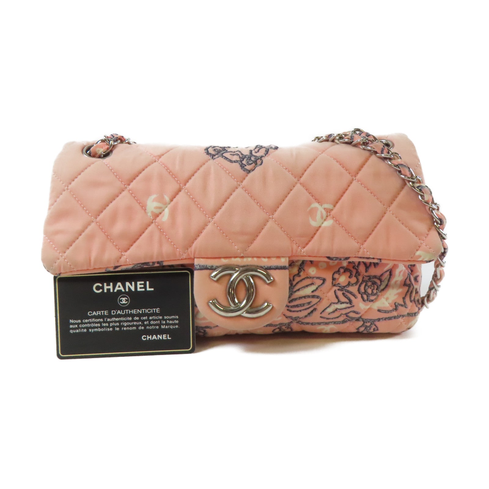 CHANEL 帆布Chain Shoulder Bag銀扣鏈帶肩背袋粉紅色