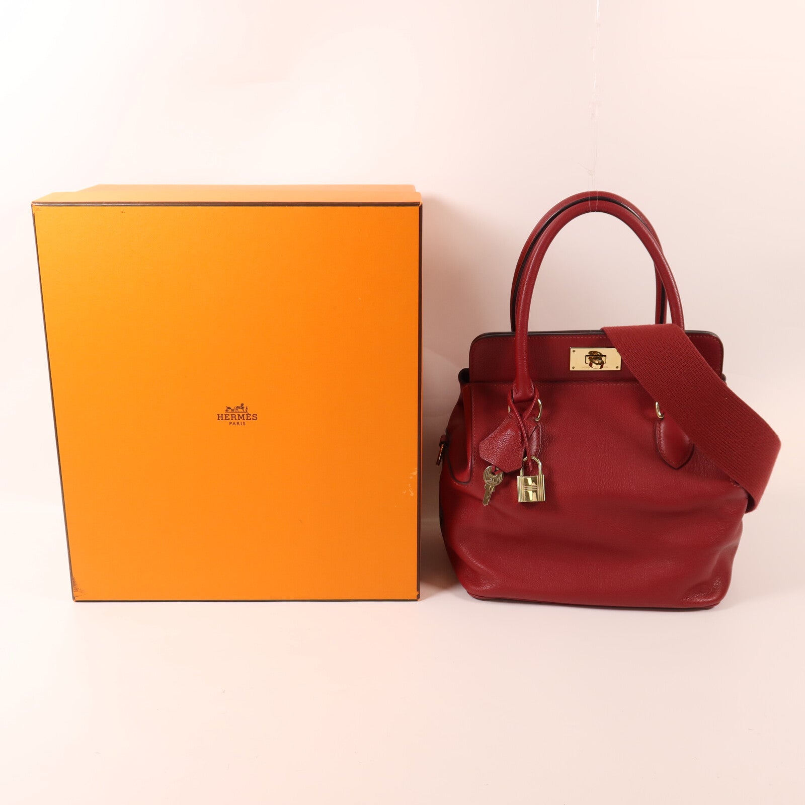 HERMES Evercolor皮革Tool Box 20金扣手挽肩背兩用袋Rouge Grenade