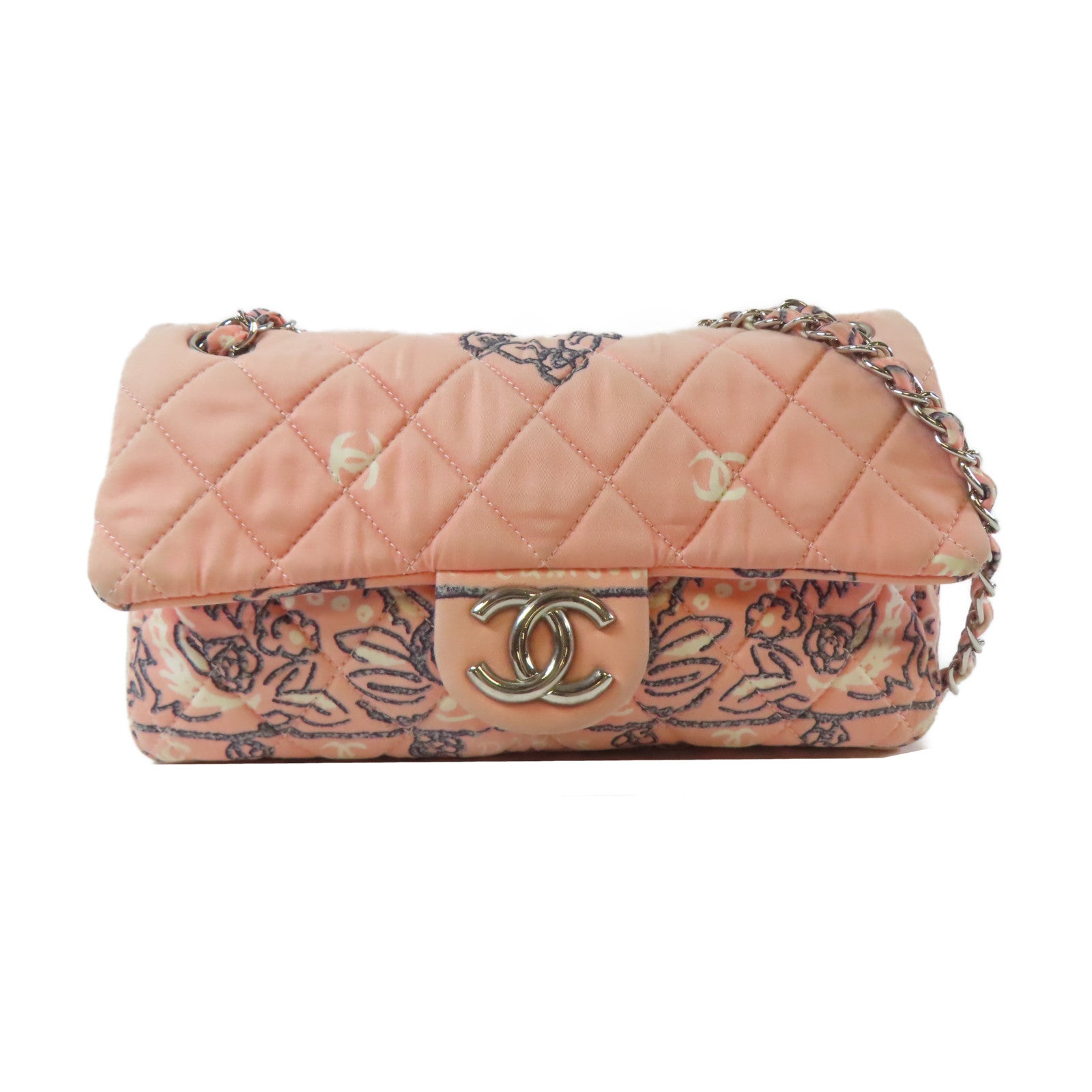 CHANEL 帆布Chain Shoulder Bag銀扣鏈帶肩背袋粉紅色