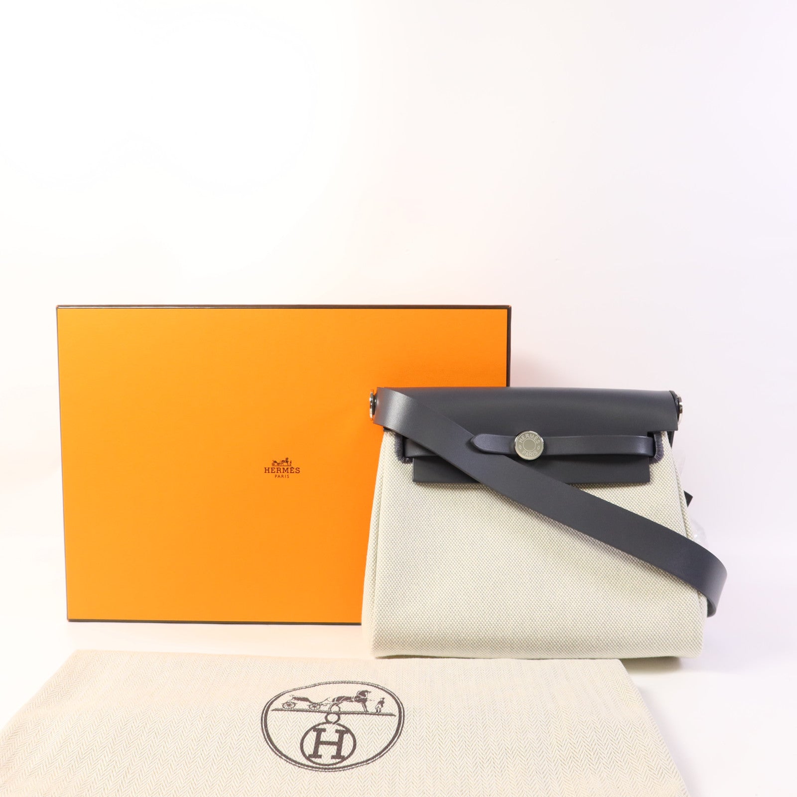 HERMES 帆布Mini Herbag銀扣肩背袋Ardoise