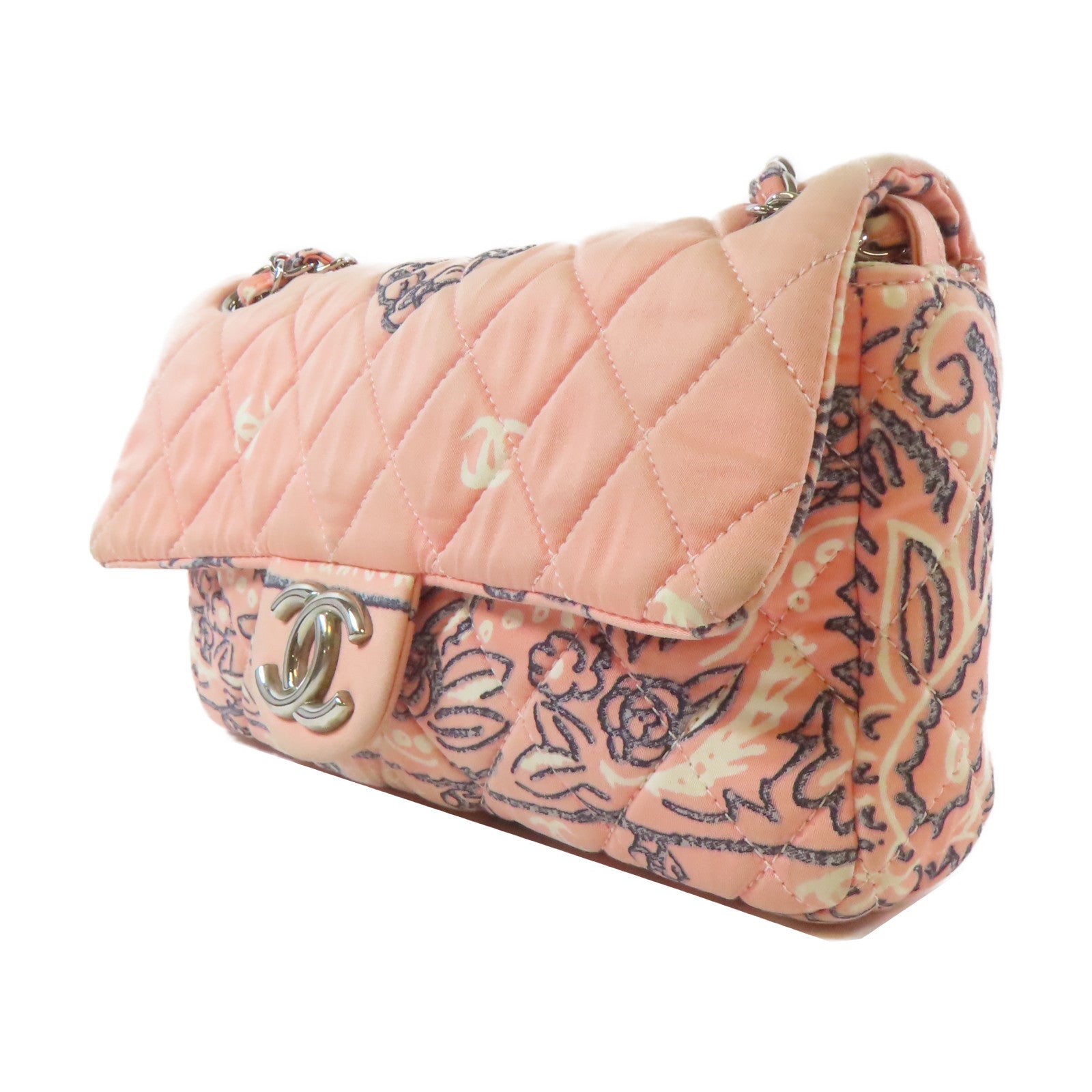 CHANEL 帆布Chain Shoulder Bag銀扣鏈帶肩背袋粉紅色