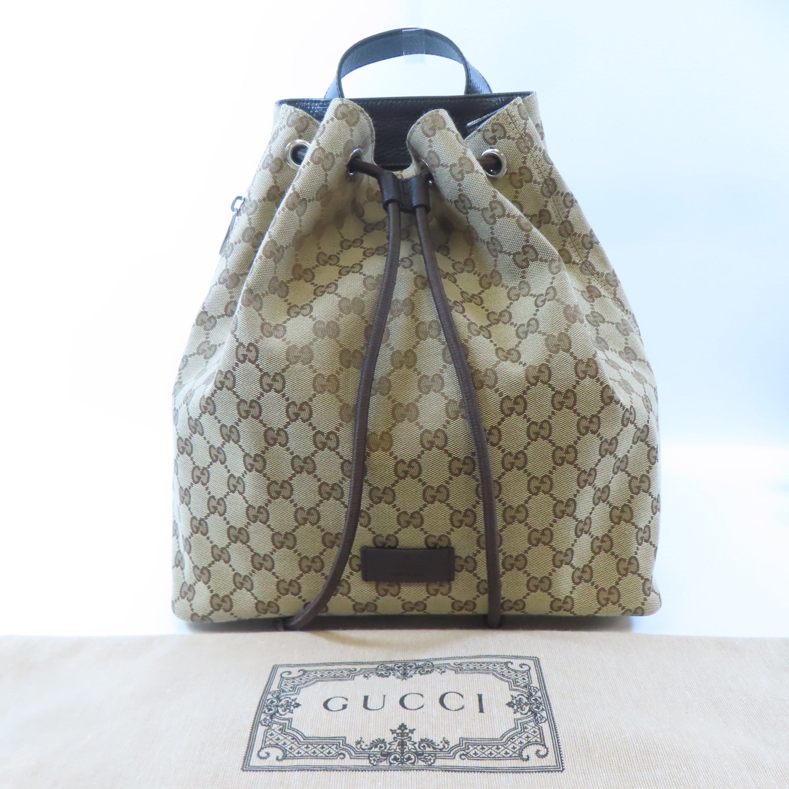 GUCCI 帆布Drawstring Backpack銀扣背包啡色