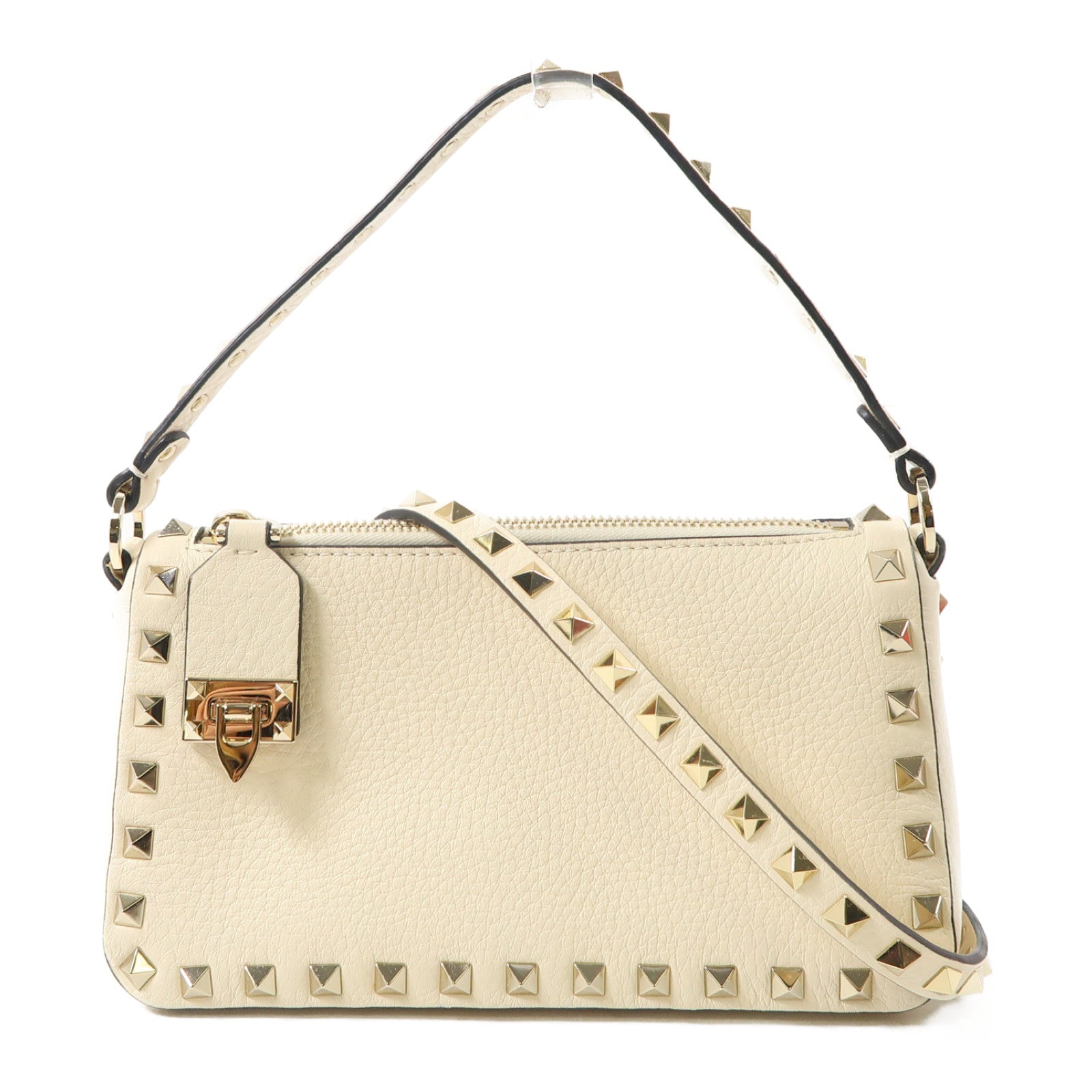 Valentino 牛皮皮革2 Way Shoulder金扣手挽肩背兩用袋米色