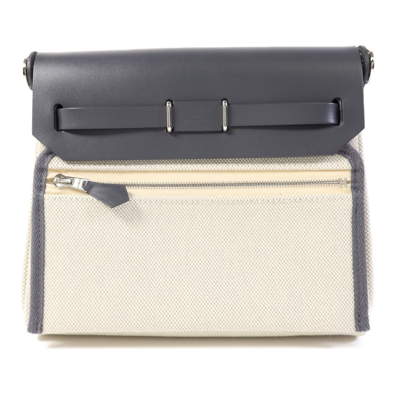 HERMES 帆布Mini Herbag銀扣肩背袋Ardoise