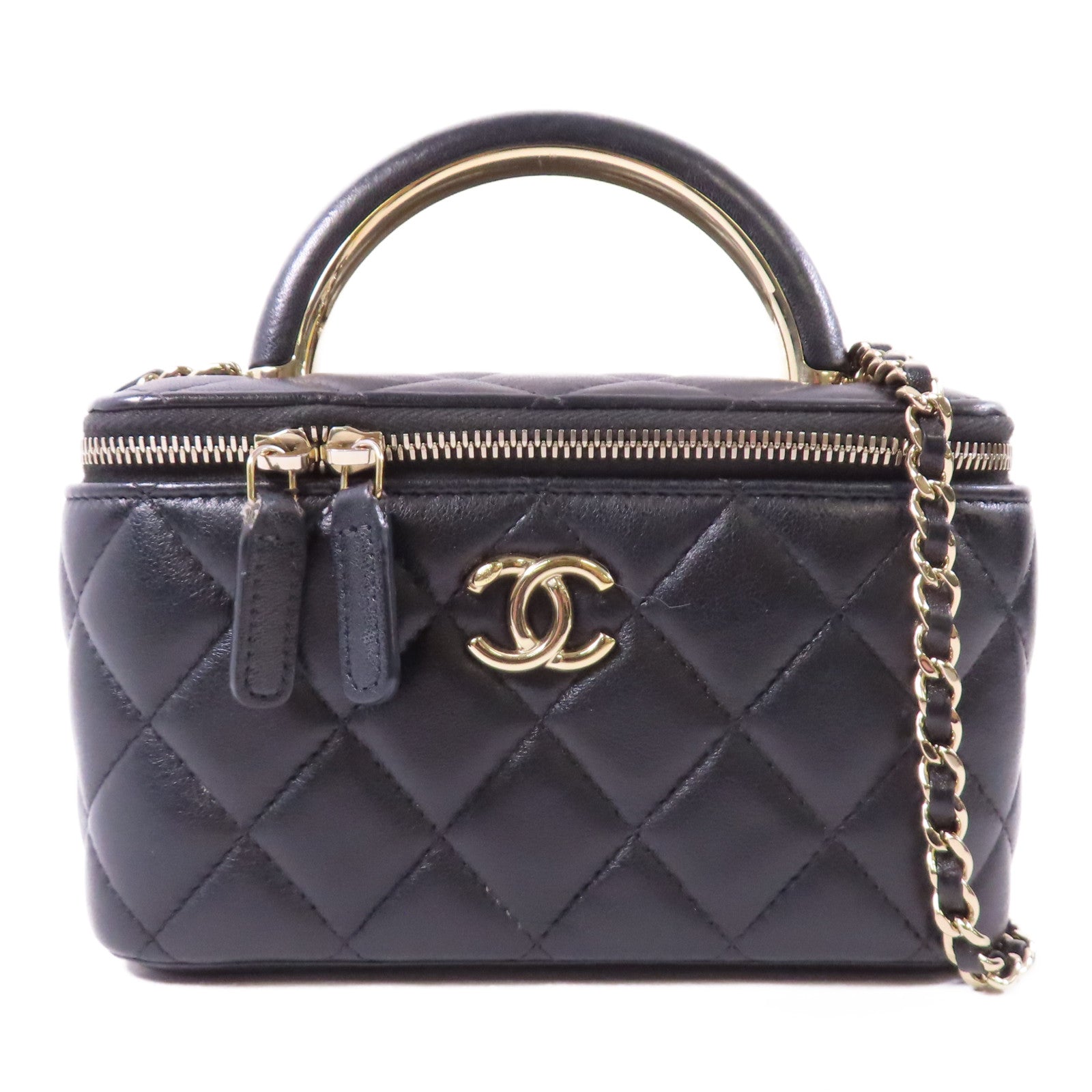 CHANEL 【激減優惠】牛皮皮革Vanity Case銀扣鏈帶手挽肩背兩用袋