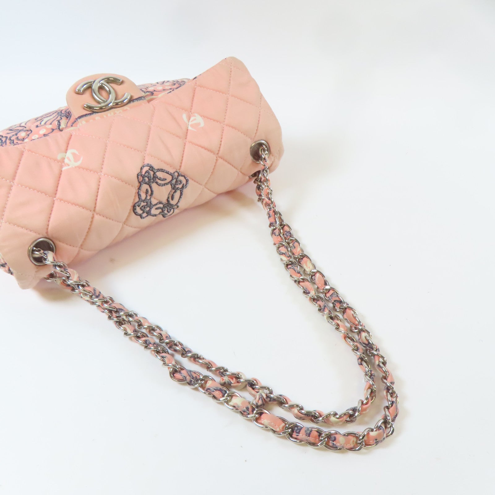 CHANEL 帆布Chain Shoulder Bag銀扣鏈帶肩背袋粉紅色