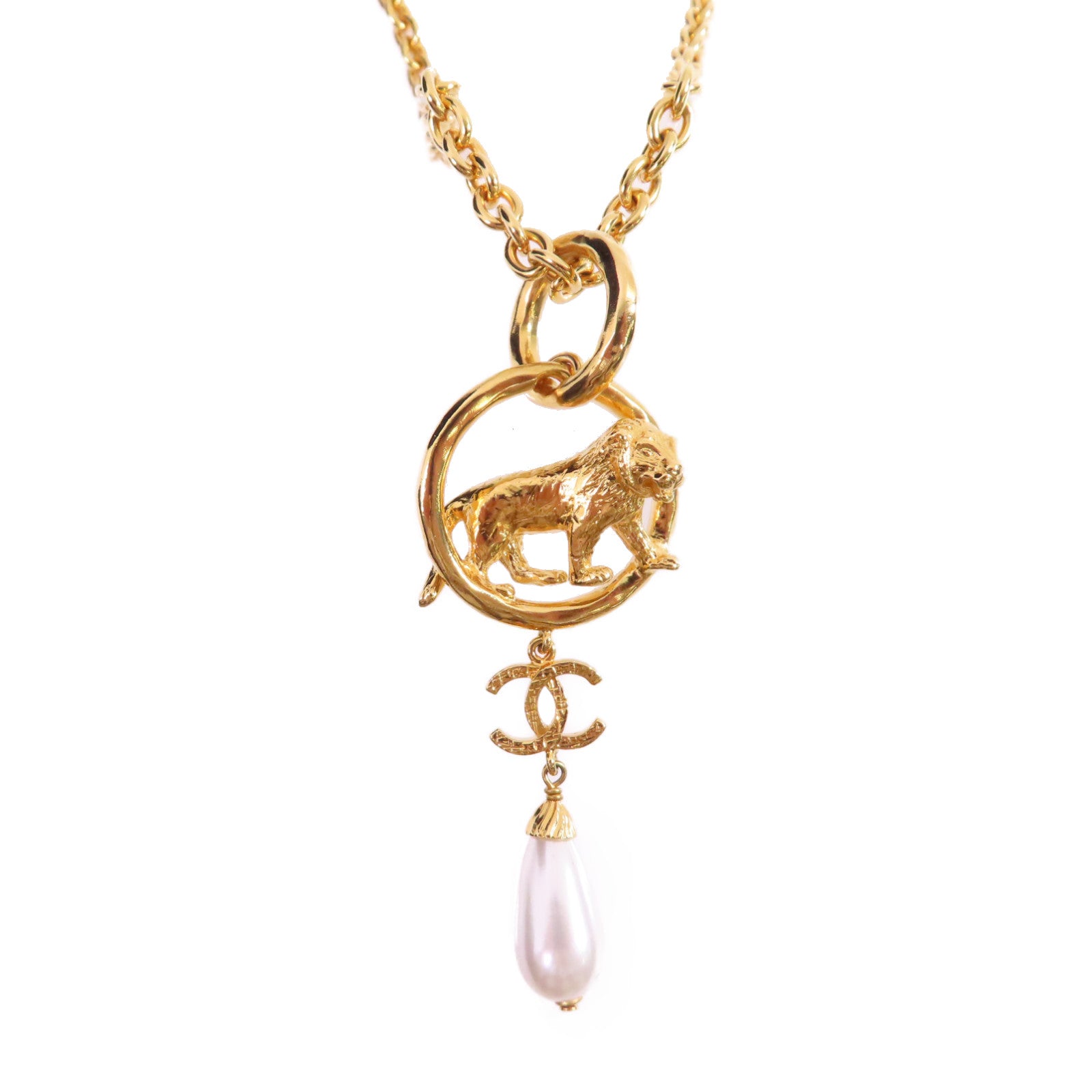 CHANEL 金屬/仿珍珠Necklace金扣項鏈白色/金色