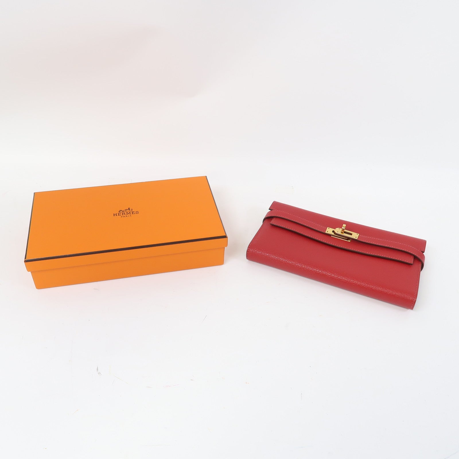 HERMES Chevre皮革Kelly Wallet金扣長錢包法拉利紅色