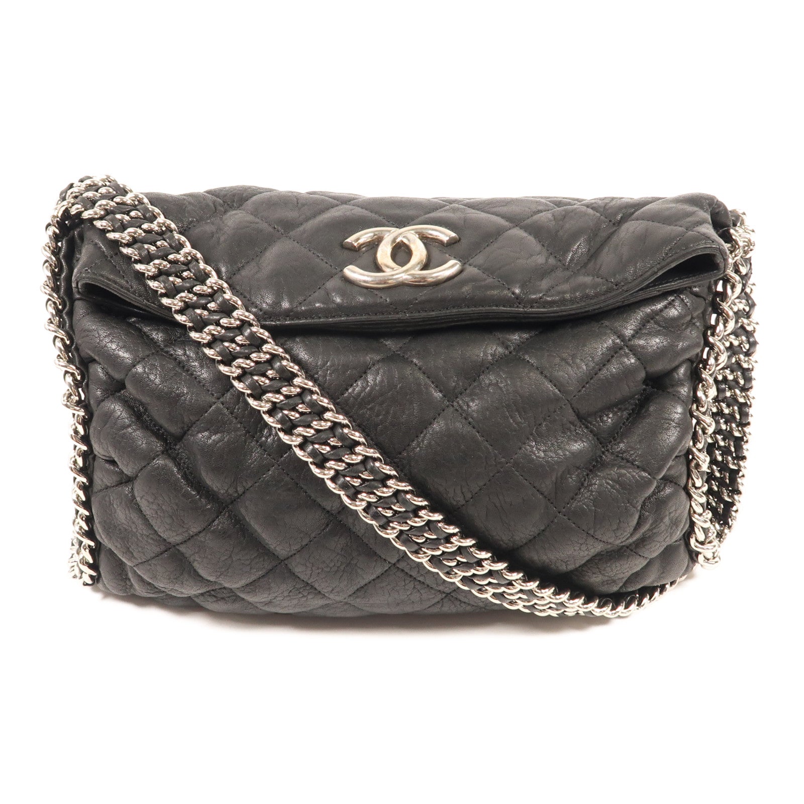 CHANEL 牛皮皮革Chain Shoulder銀扣鏈帶肩背袋