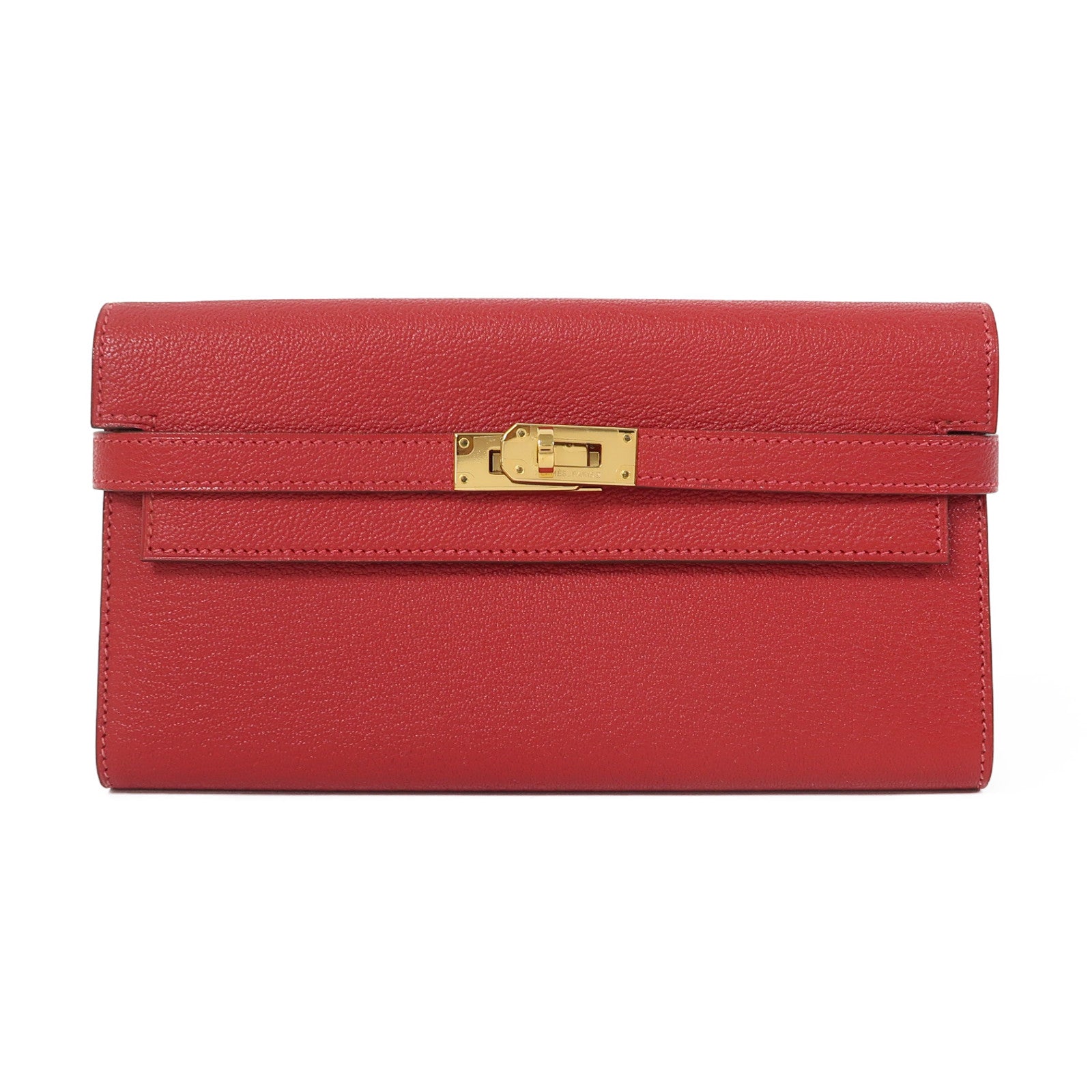 HERMES Chevre皮革Kelly Wallet金扣長錢包法拉利紅色