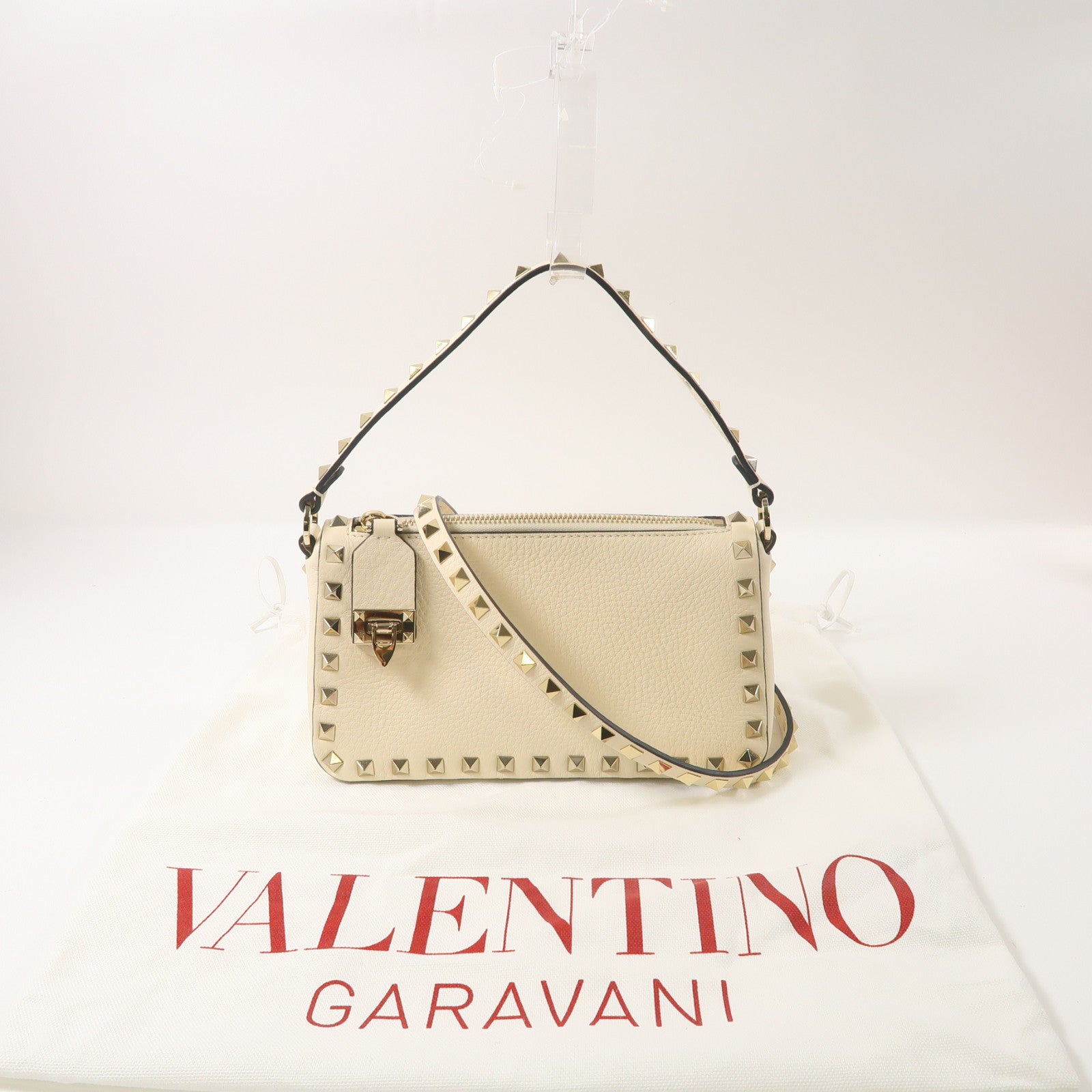 Valentino 牛皮皮革2 Way Shoulder金扣手挽肩背兩用袋米色