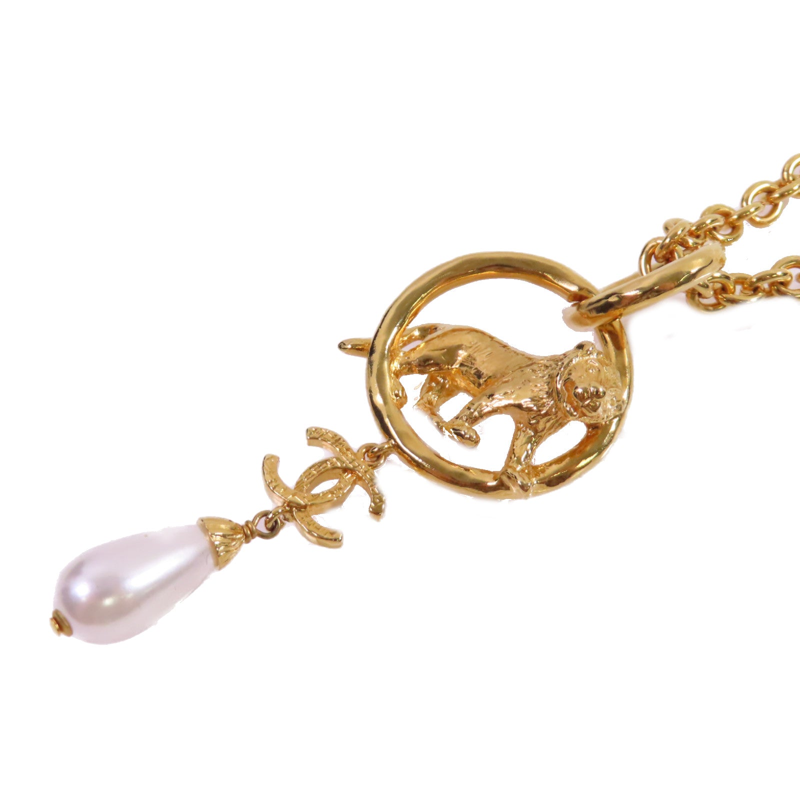 CHANEL 金屬/仿珍珠Necklace金扣項鏈白色/金色
