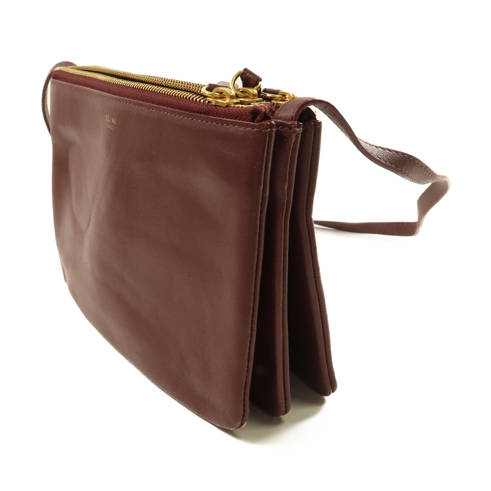 CELINE 牛皮皮革Trio金扣肩背袋酒紅色