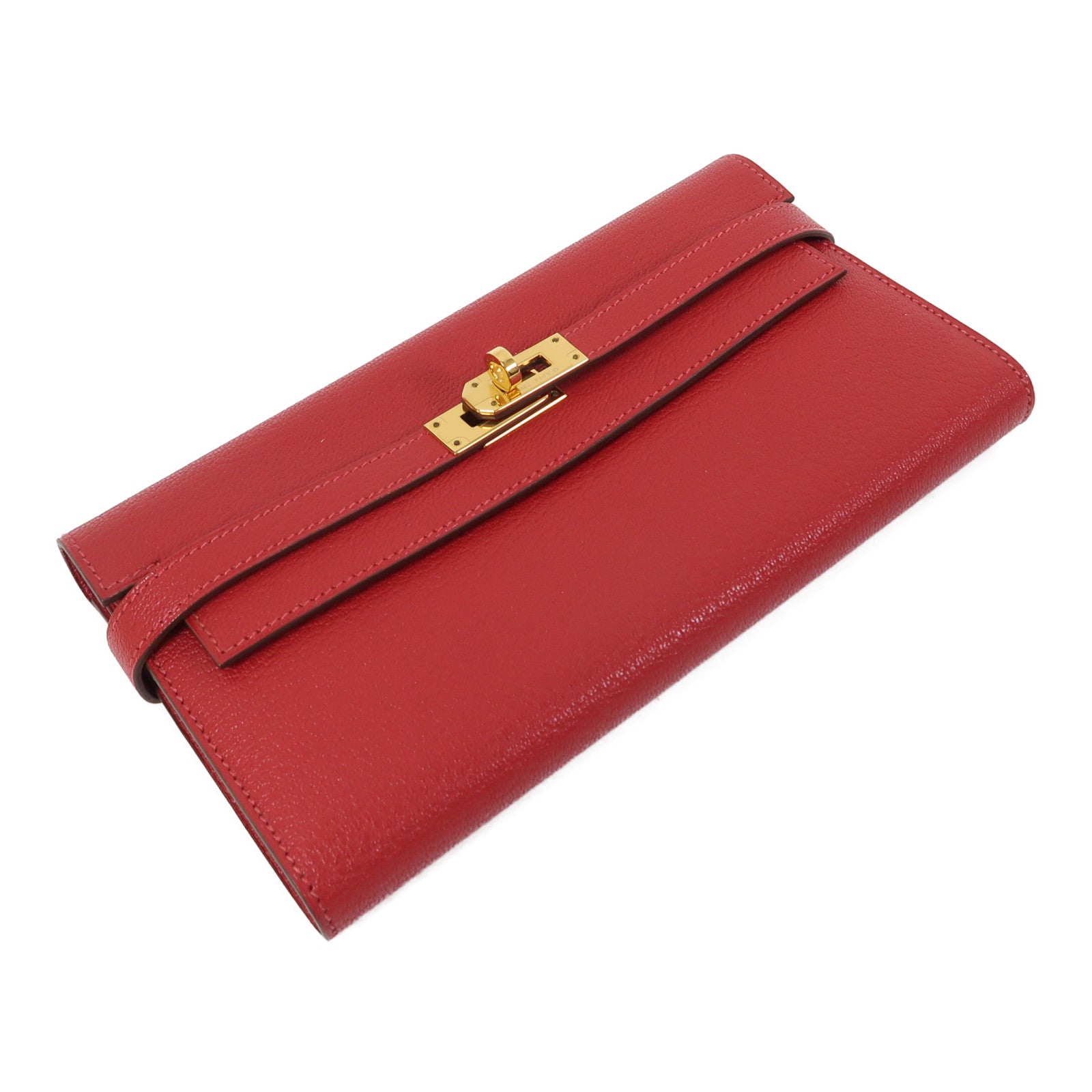 HERMES Chevre皮革Kelly Wallet金扣長錢包法拉利紅色