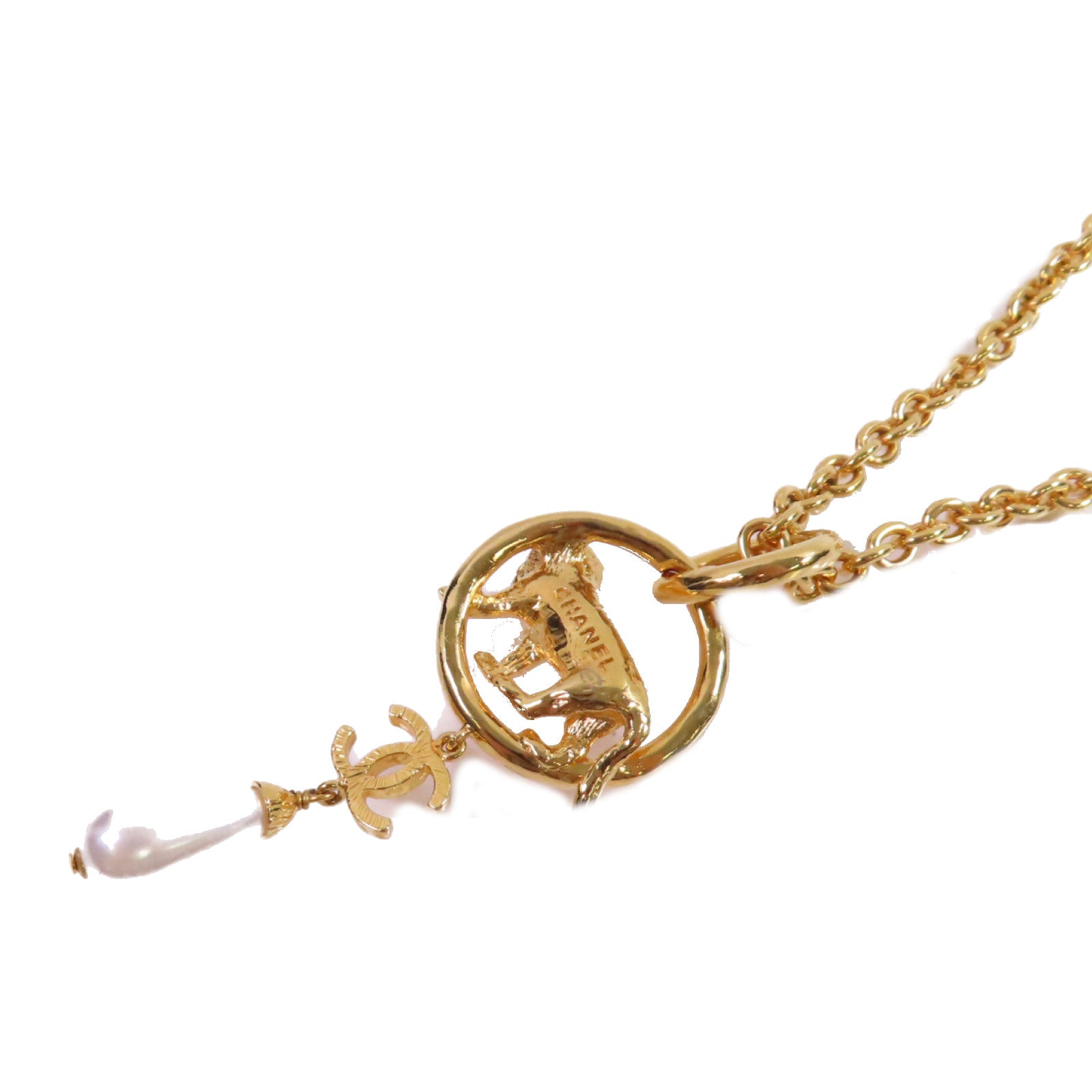 CHANEL 金屬/仿珍珠Necklace金扣項鏈白色/金色