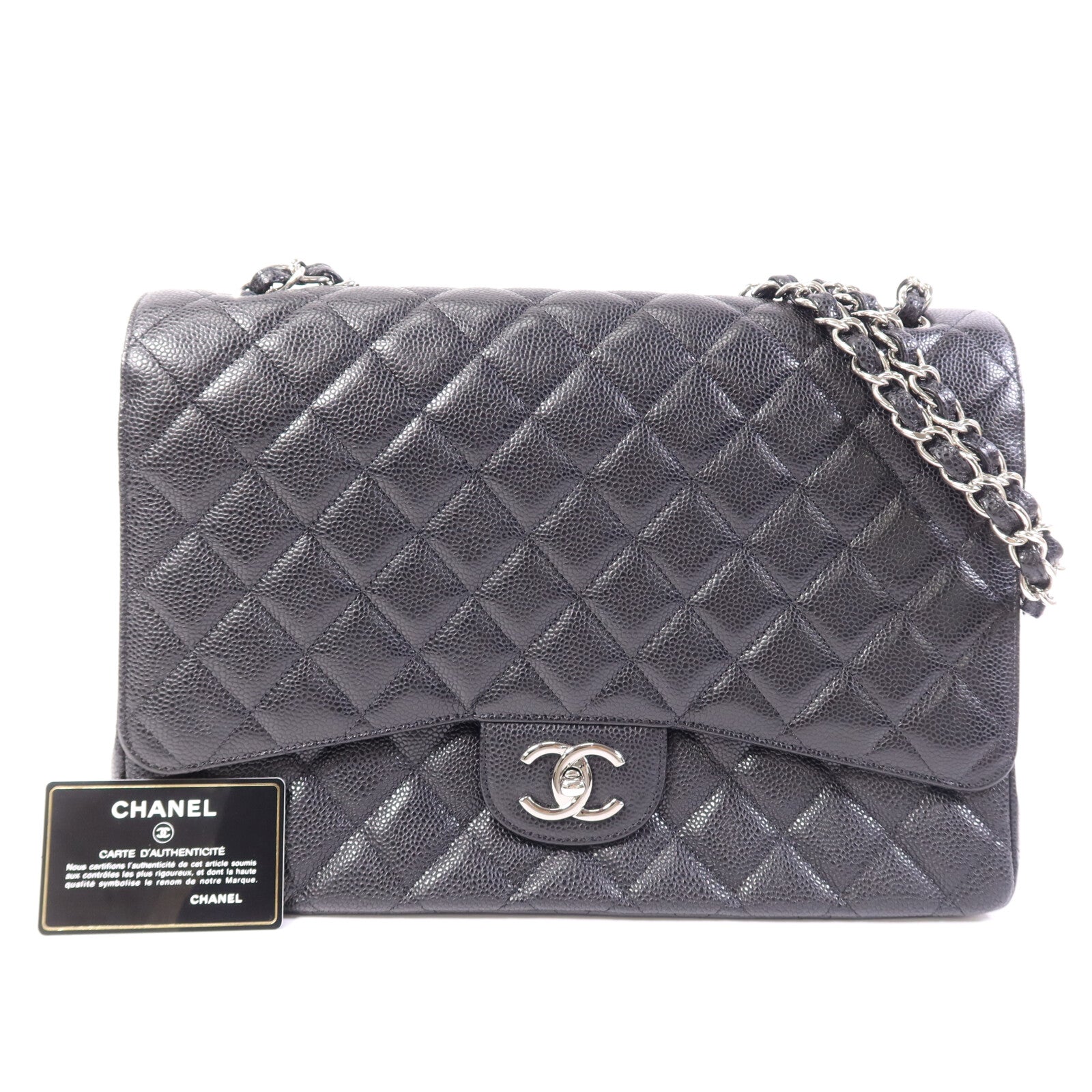 CHANEL 牛皮皮革Maxi Classic銀扣鏈帶肩背袋