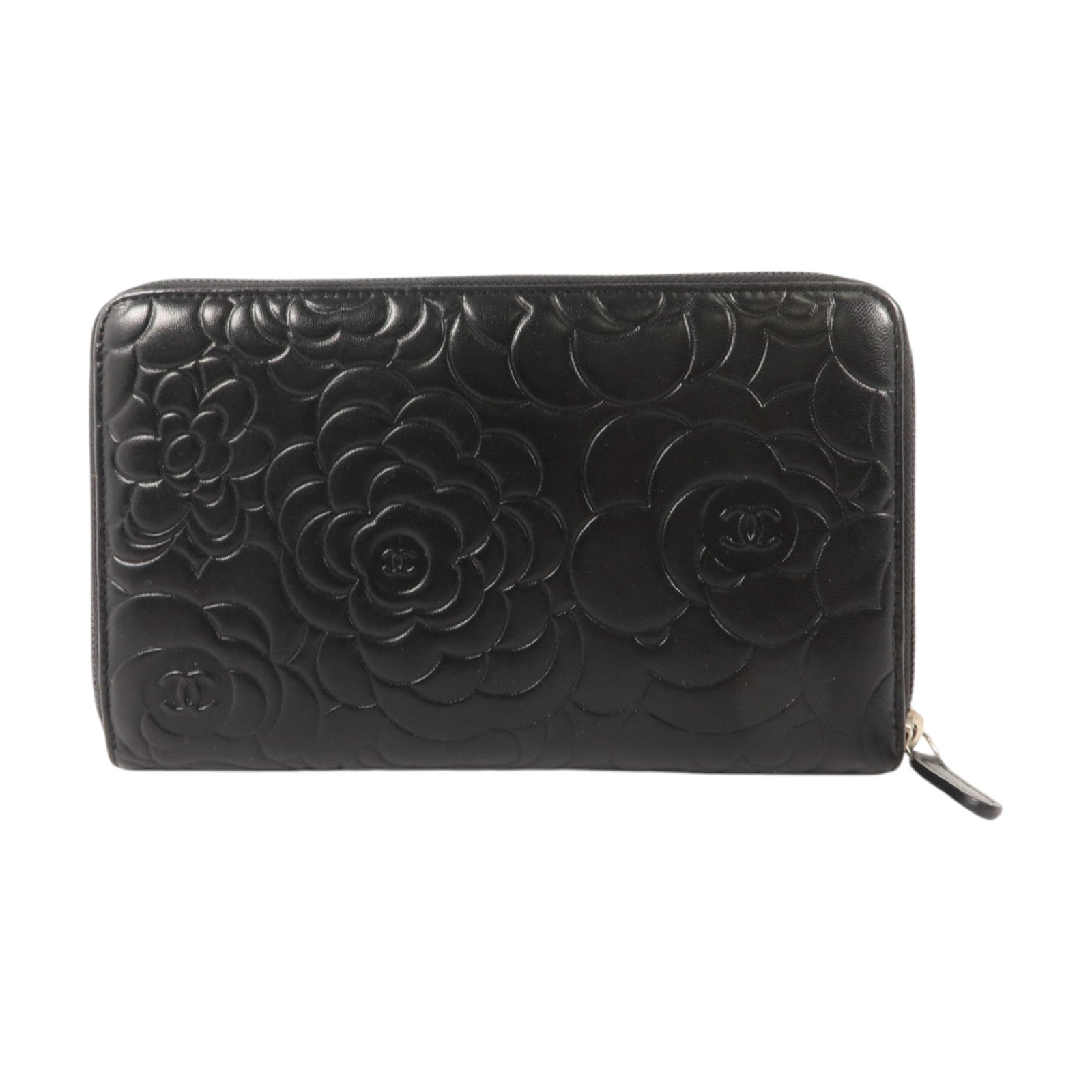 CHANEL 牛皮皮革Camellia Zip Around Long Wallet金扣長錢包
