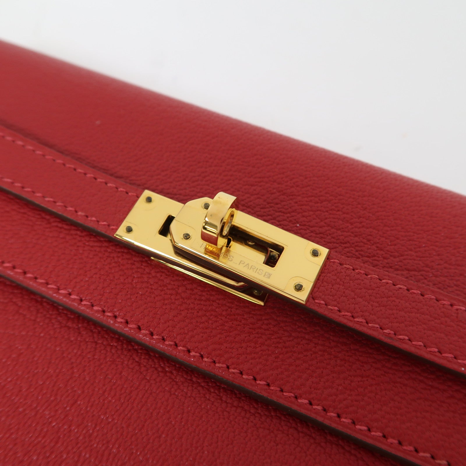 HERMES Chevre皮革Kelly Wallet金扣長錢包法拉利紅色