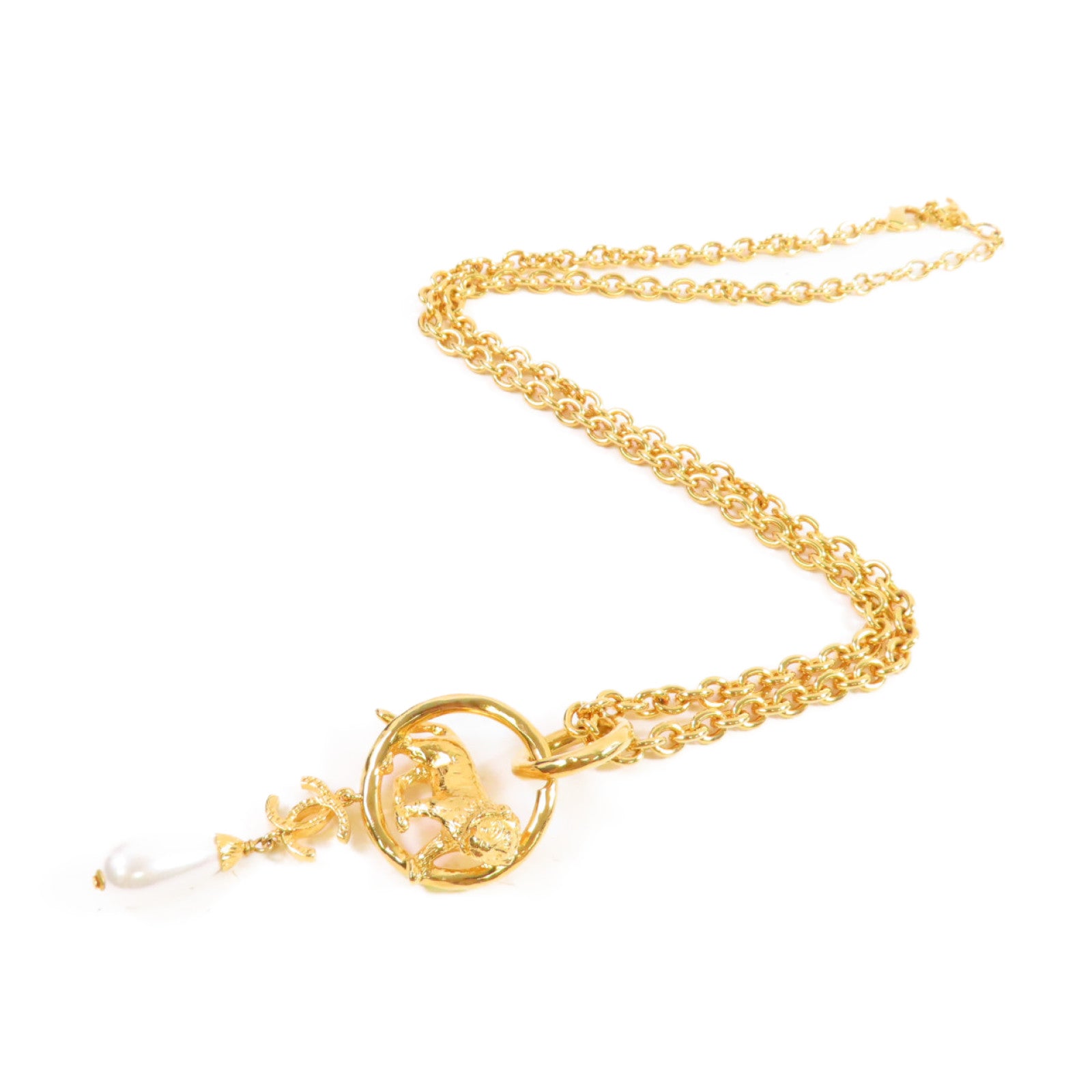CHANEL 金屬/仿珍珠Necklace金扣項鏈白色/金色
