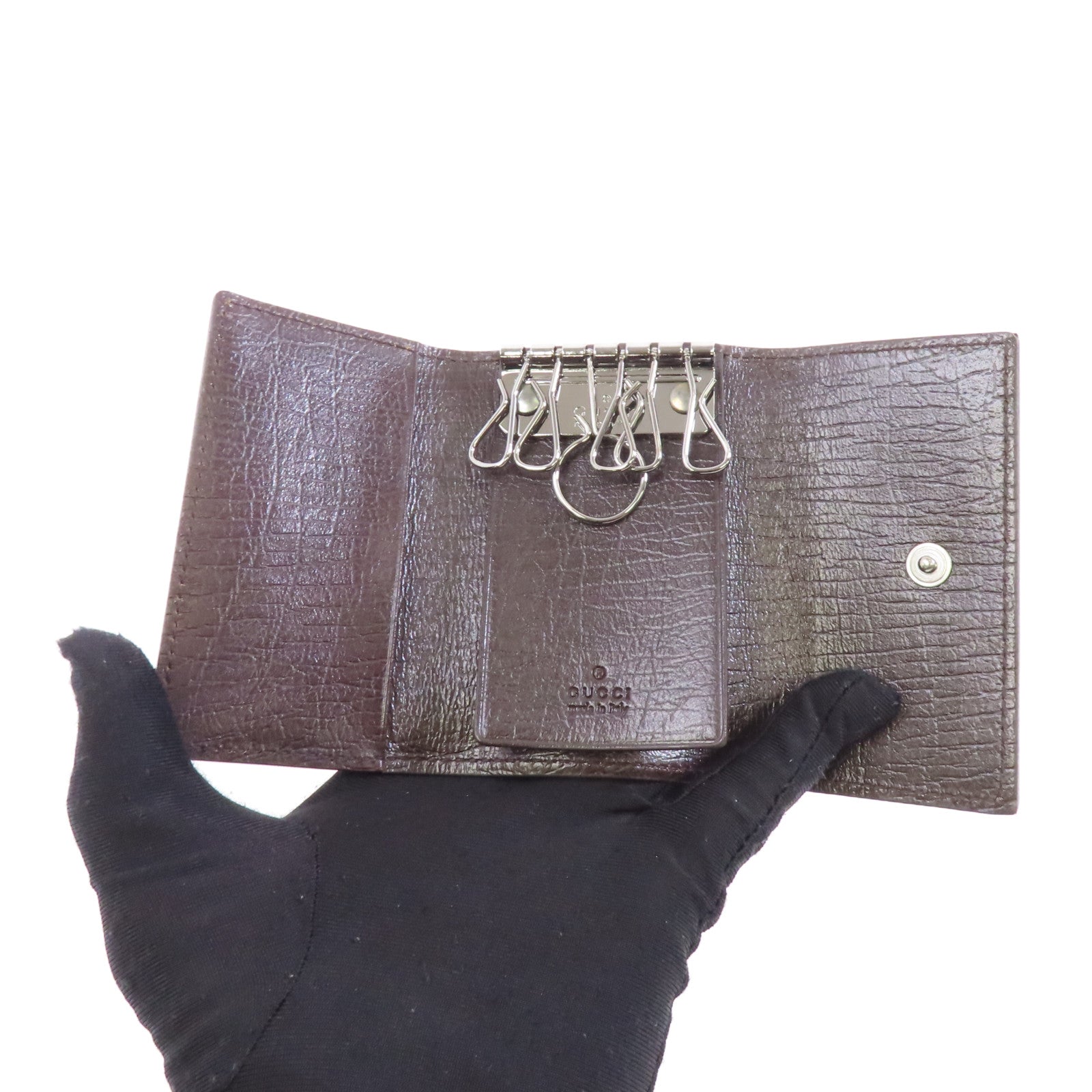 GUCCI 塗層帆布Key Case銀扣鎖匙包棕色