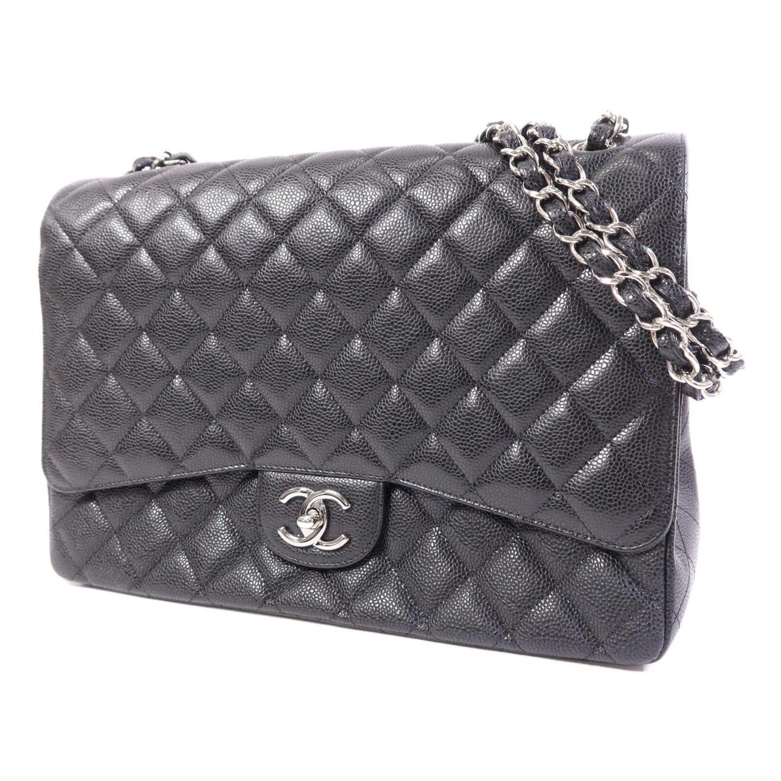 CHANEL 牛皮皮革Maxi Classic銀扣鏈帶肩背袋