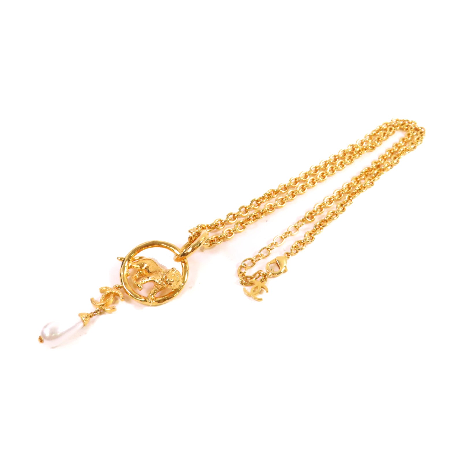 CHANEL 金屬/仿珍珠Necklace金扣項鏈白色/金色