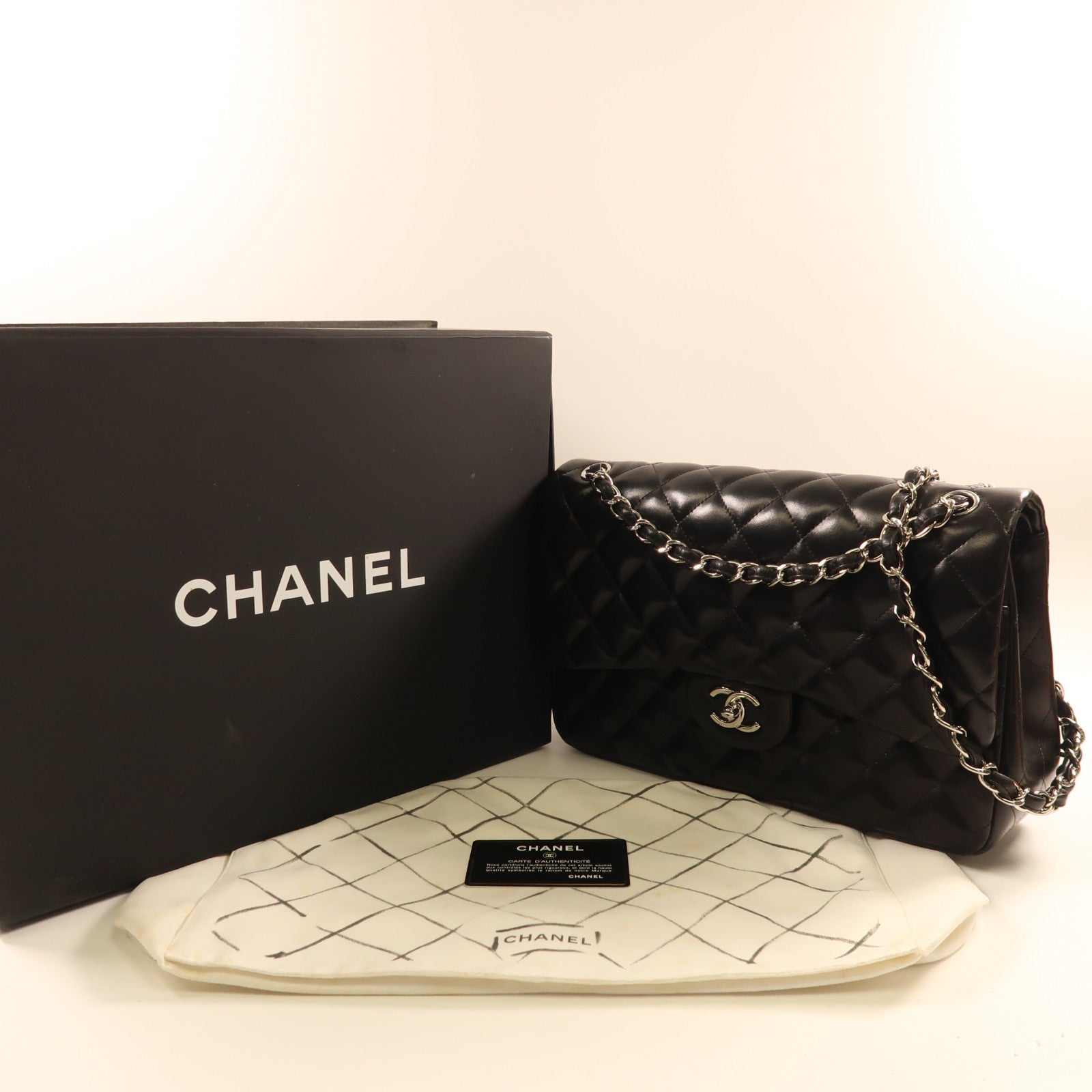 CHANEL 羊皮皮革Large Classic銀扣鏈帶肩背袋