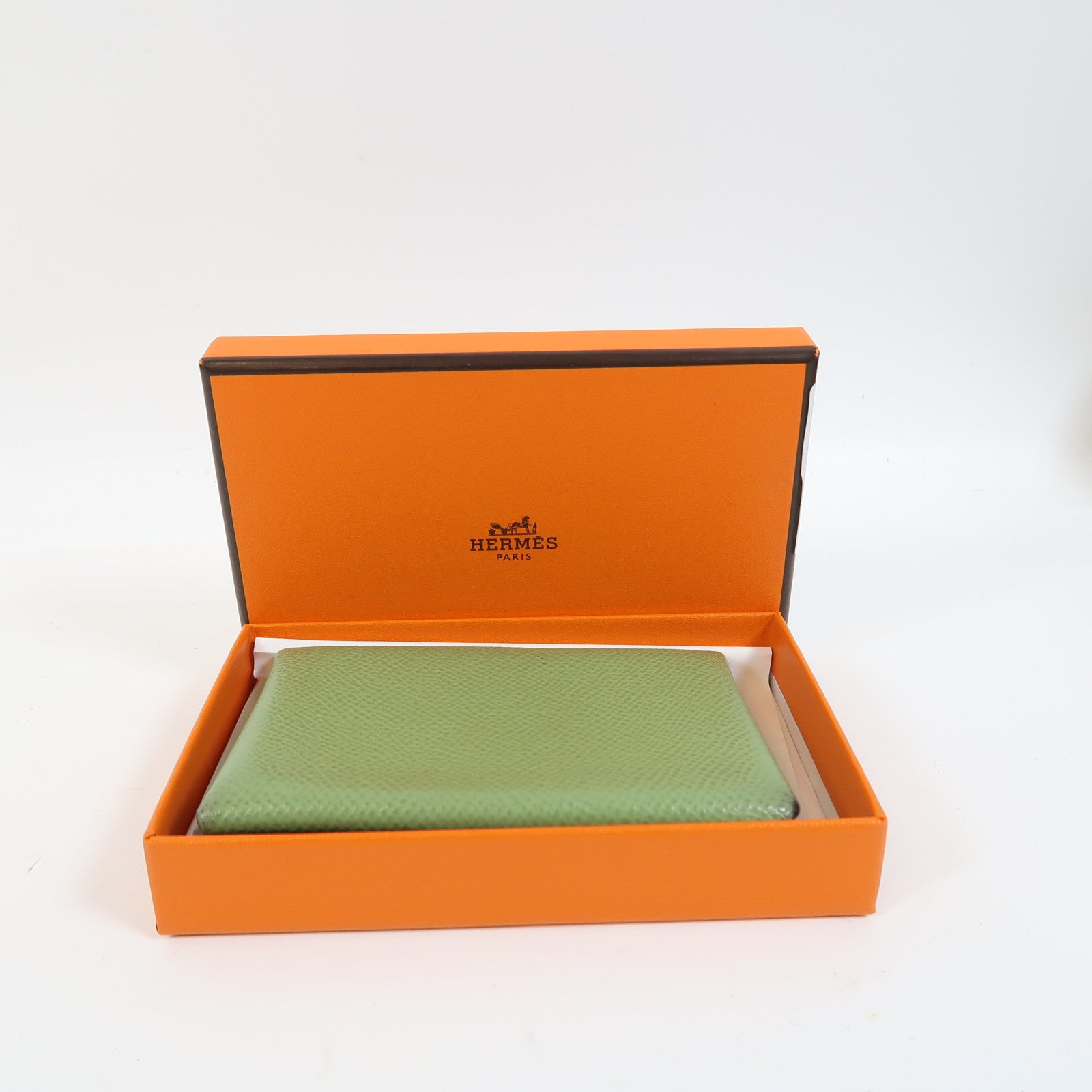 HERMES Epsom皮革Calvi Duo銀扣卡片套Vert Criquet綠色