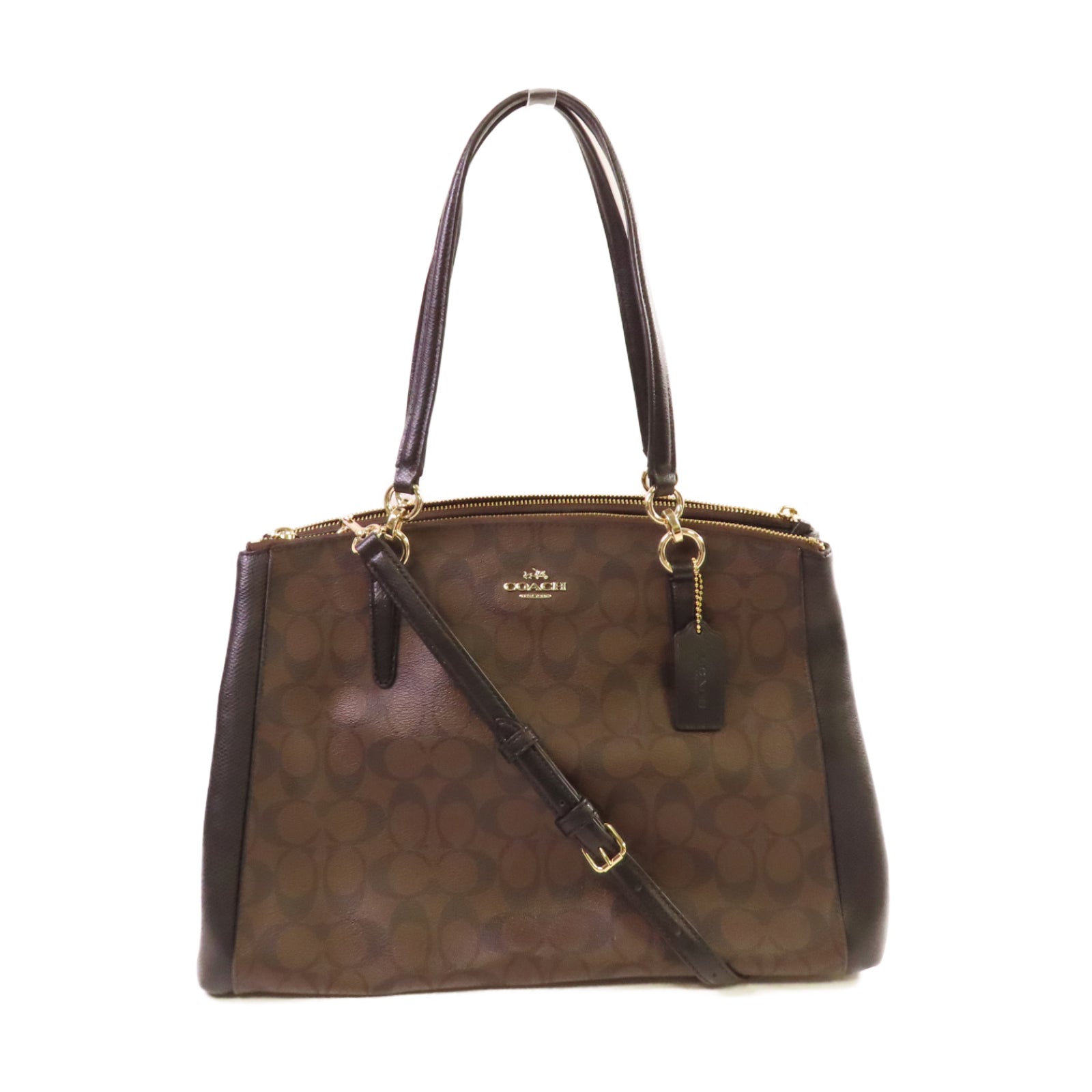 COACH 塗層帆布2Way Shoulder Bag金扣手挽肩背兩用袋啡色/黑色
