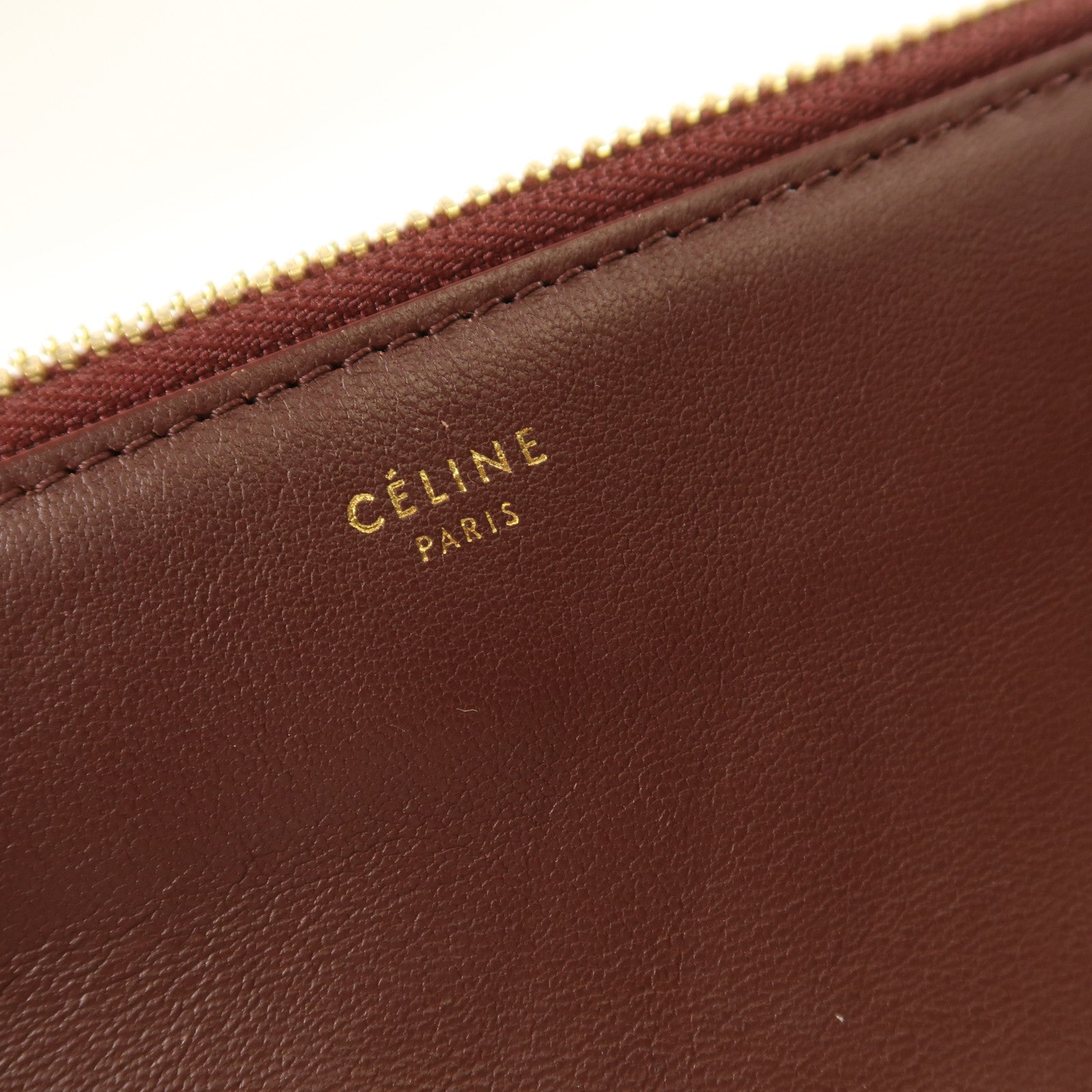 CELINE 牛皮皮革Trio金扣肩背袋酒紅色
