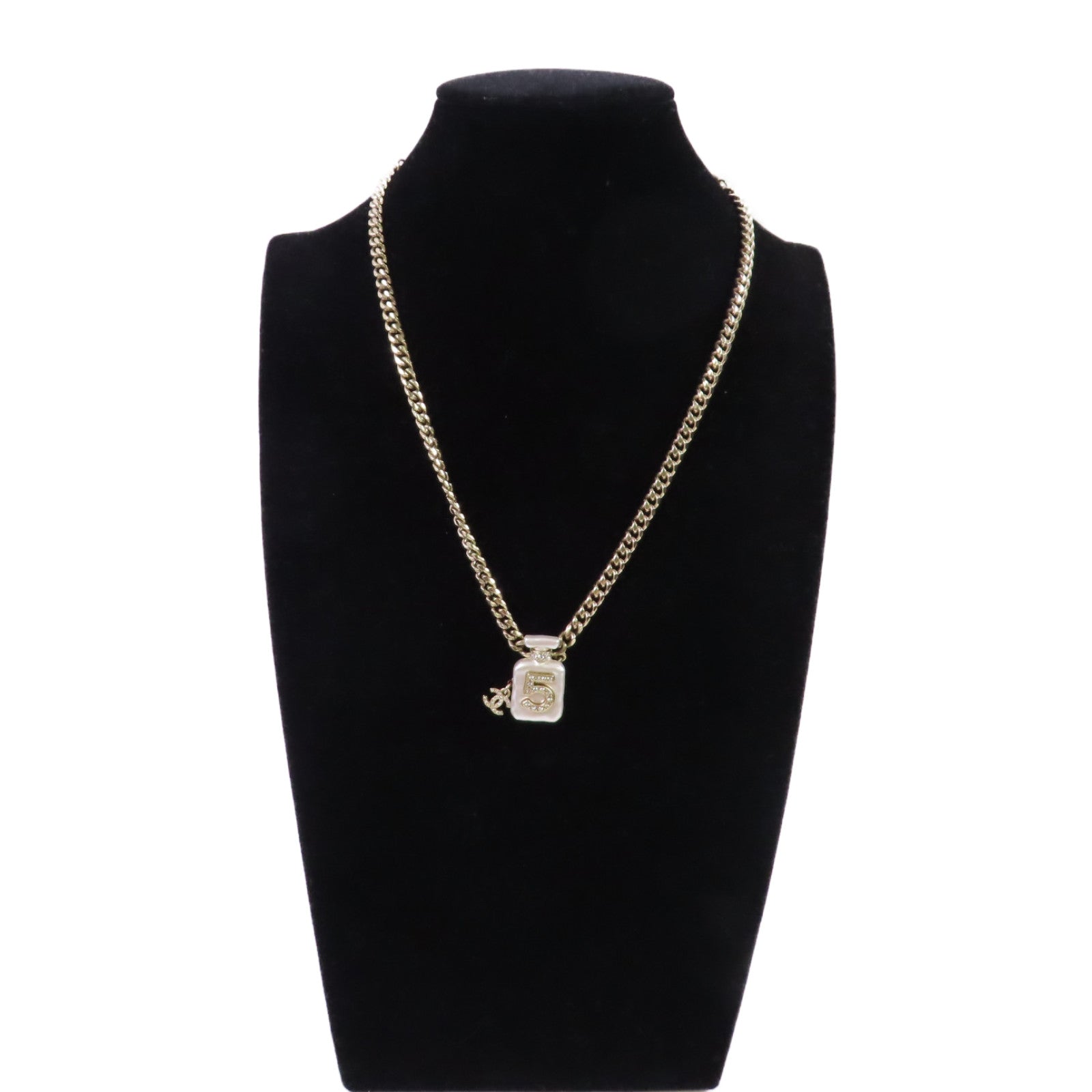 CHANEL 金屬/仿珍珠/水鑽Coco Chanel No.5 Necklace金扣項鏈白色/金色