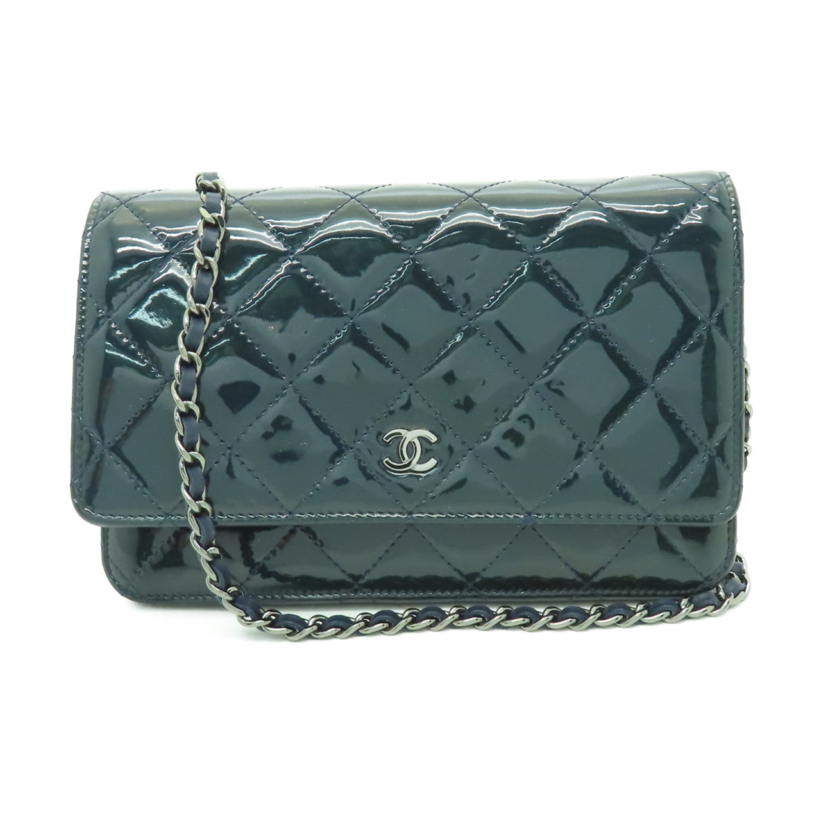 CHANEL 【激減優惠】菱格漆皮皮革WOC銀扣鏈帶肩背袋深綠色