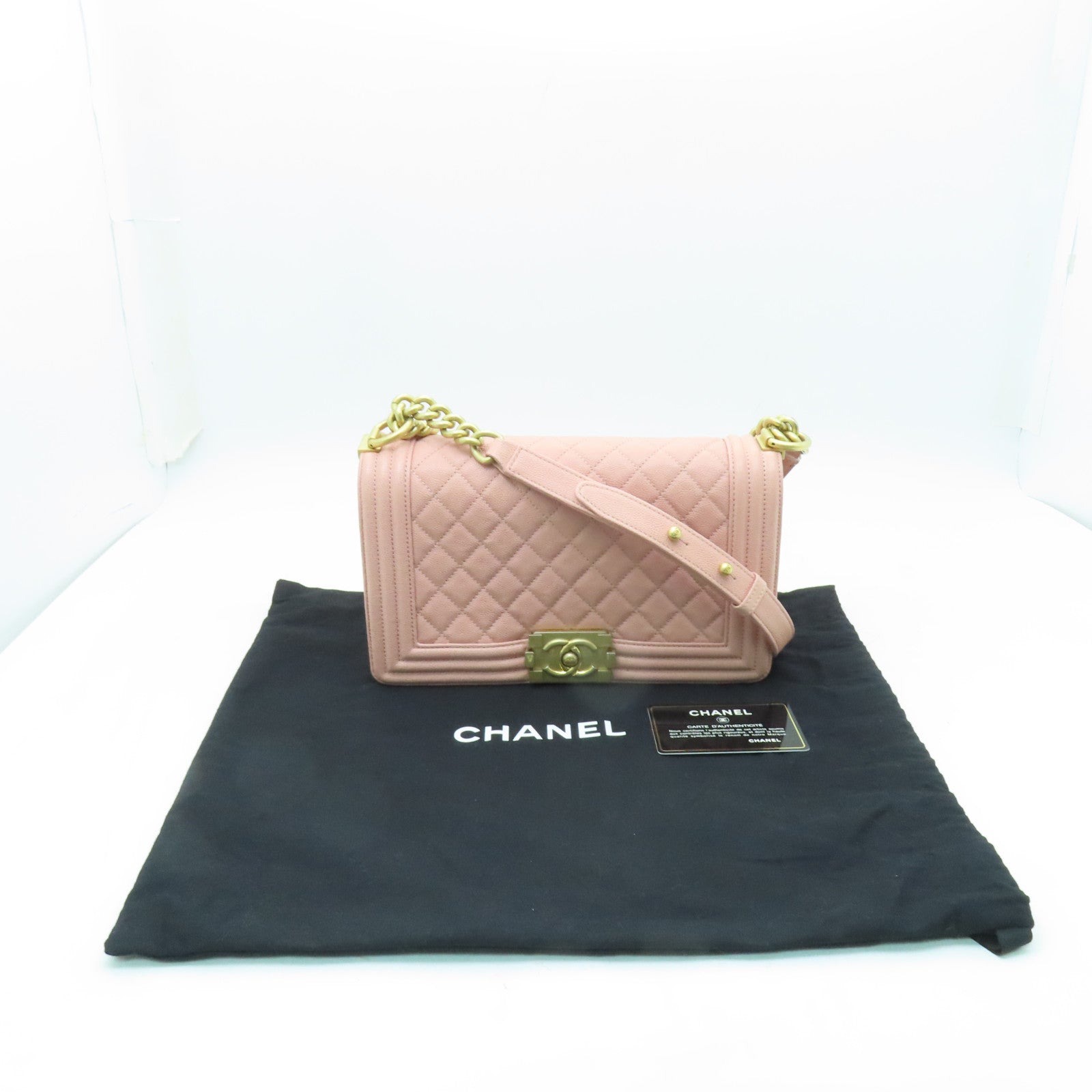 CHANEL **【激減優惠】菱格Caviar皮革Boy Chanel金扣鏈帶肩背袋粉紅色