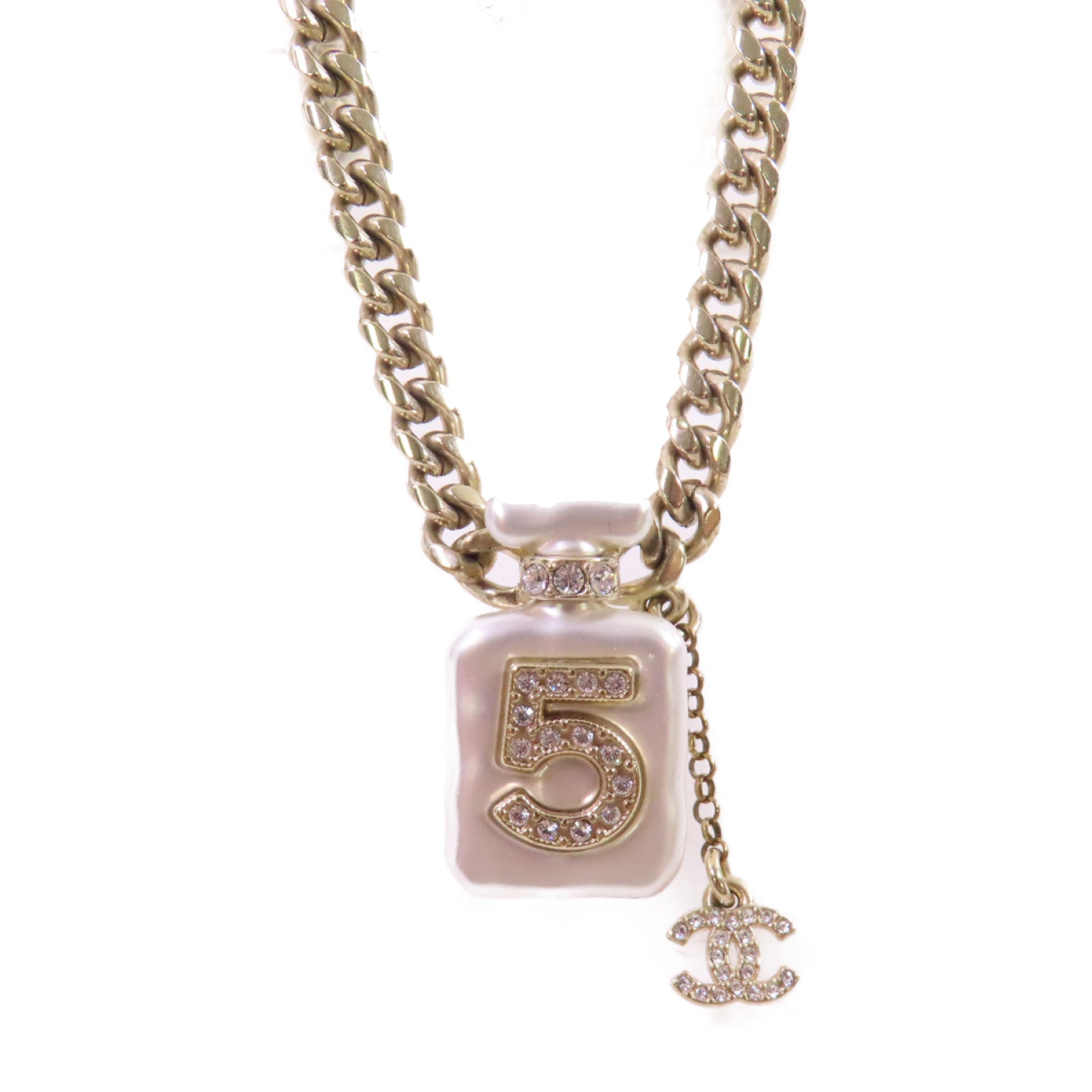 CHANEL 金屬/仿珍珠/水鑽Coco Chanel No.5 Necklace金扣項鏈白色/金色