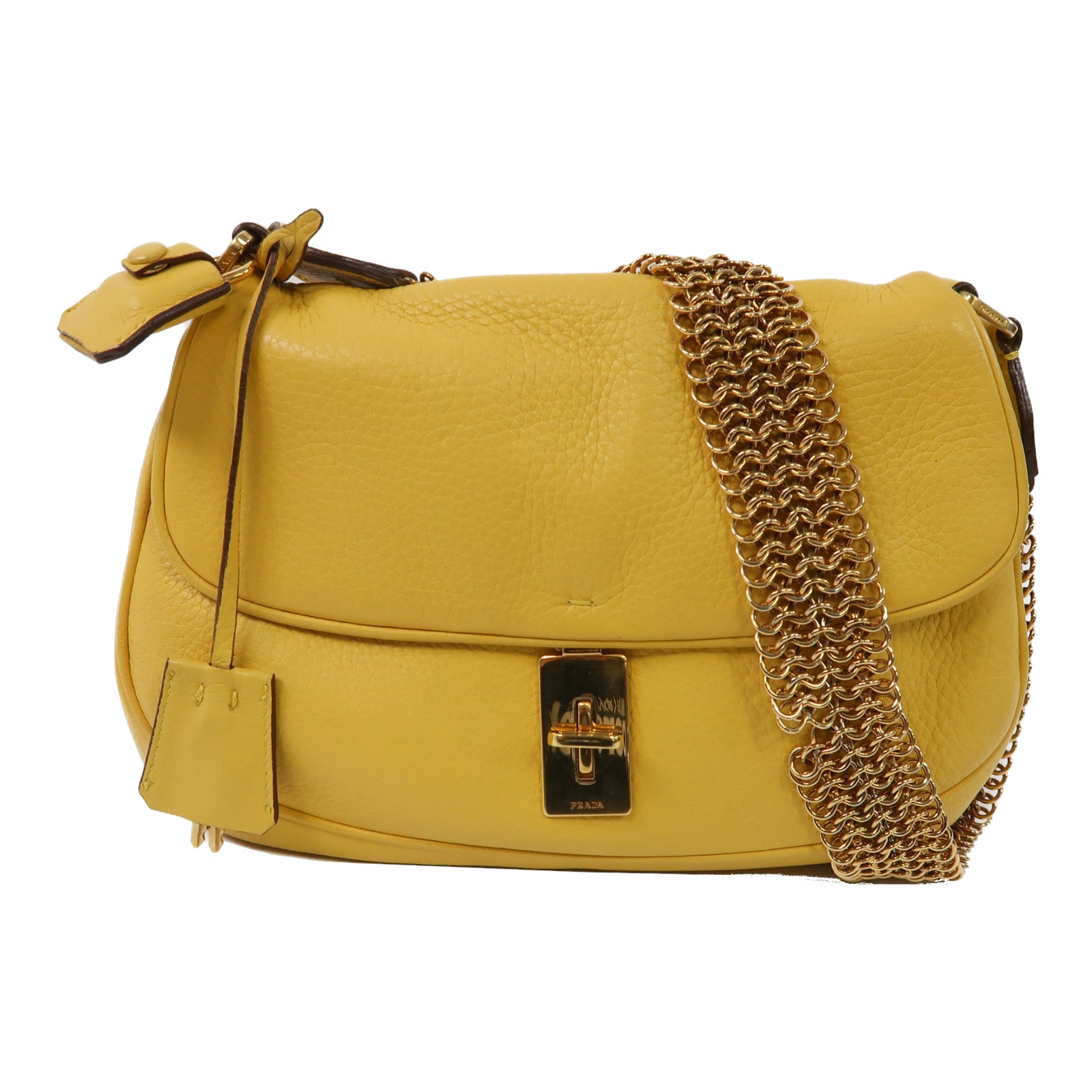 PRADA 牛皮皮革Shoulder Bag金扣鏈帶肩背袋黃色